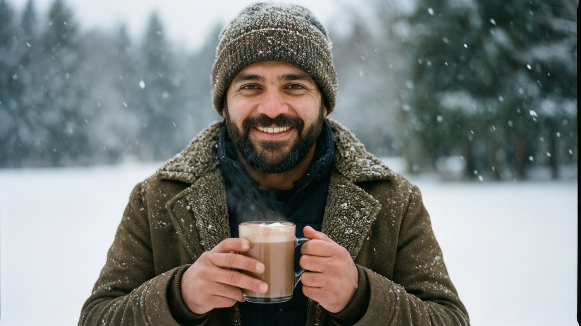 穿著冬季外套和帽子的男子在雪地森林中手持熱朱古力。