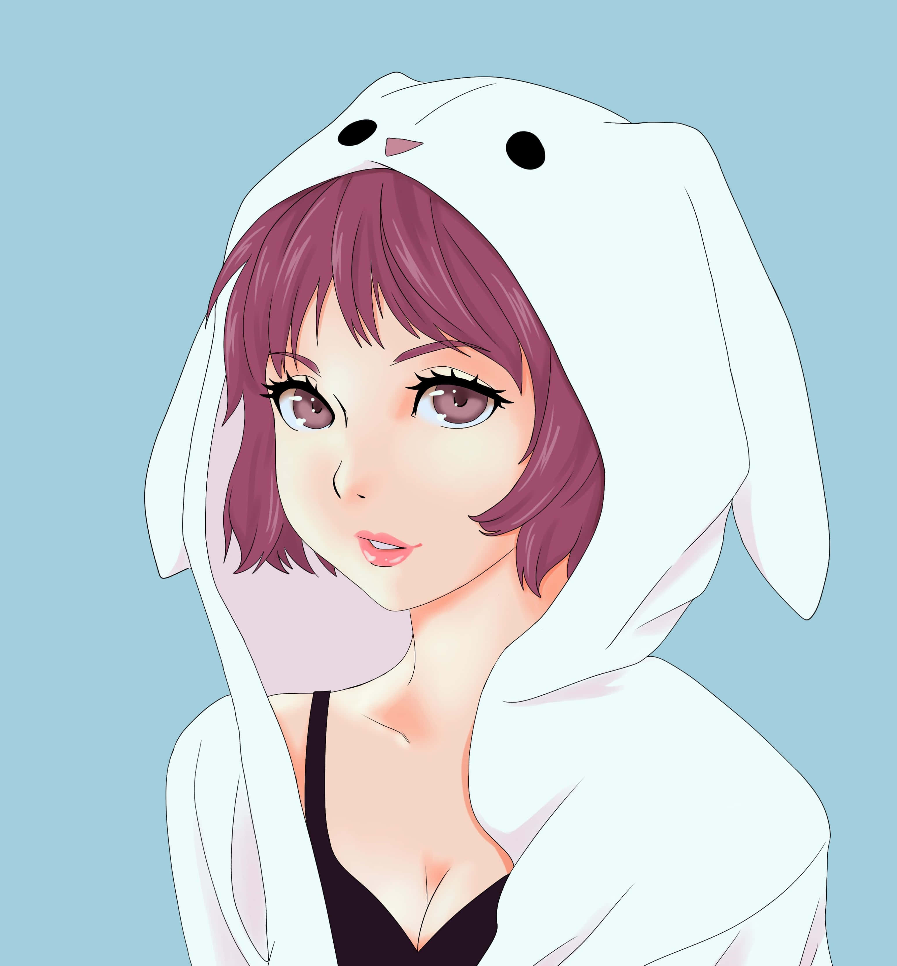 冬季穿著時尚動漫少女連帽衫保持溫暖！ 壁紙 — 一位紫髮的年輕動漫女孩，在柔和的藍色背景前戴著白色兔耳帽。
