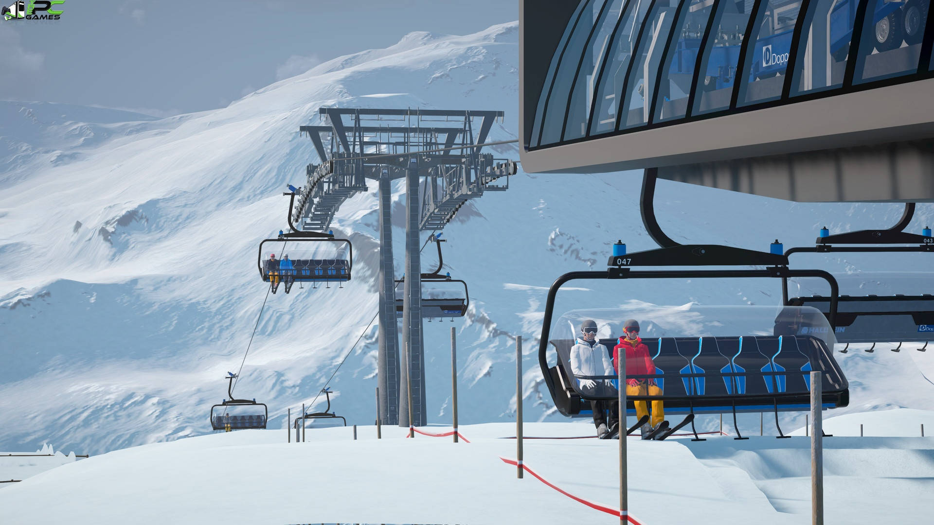 兩名滑雪者乘坐纜車，在清澈湛藍的天空下攀登白雪覆蓋的山脈。