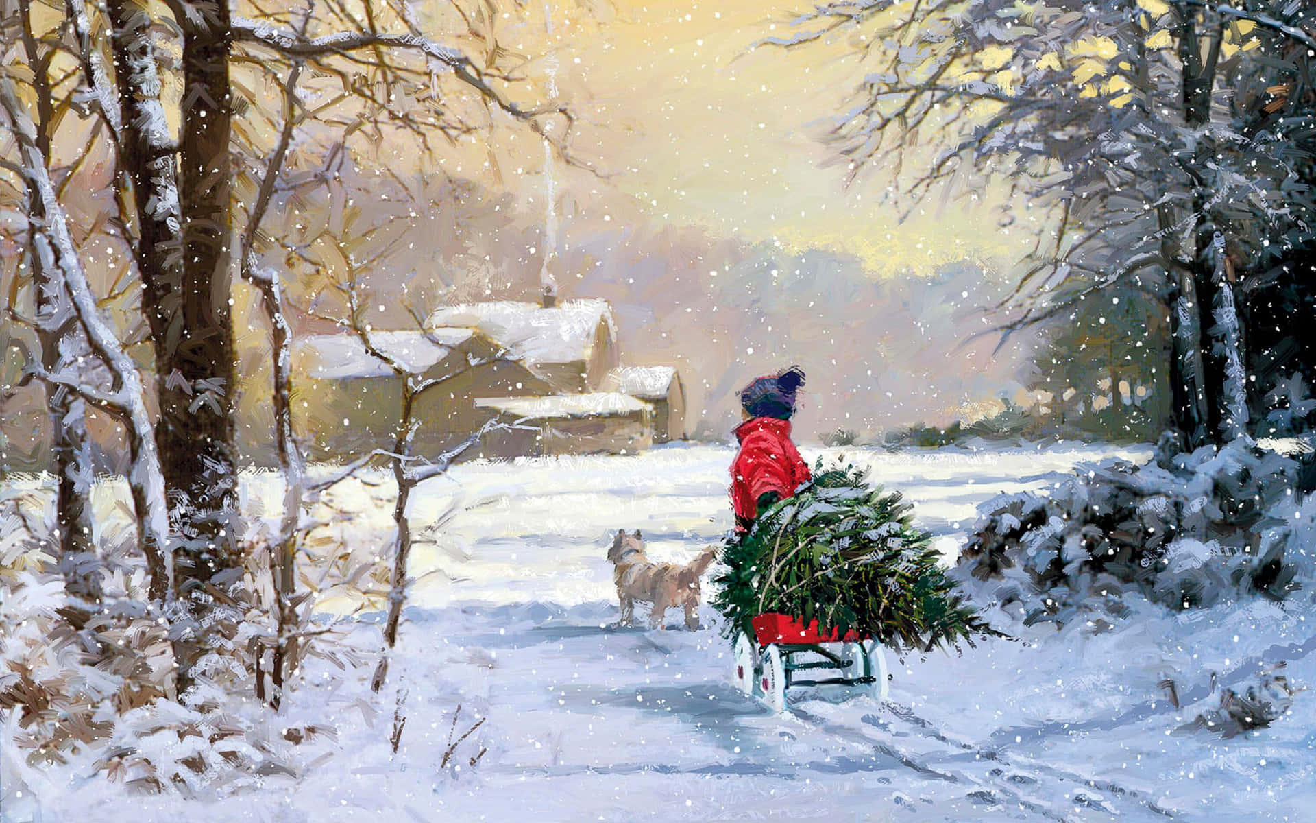 小孩拖著載有聖誕樹的雪橇穿過雪森林走向小屋