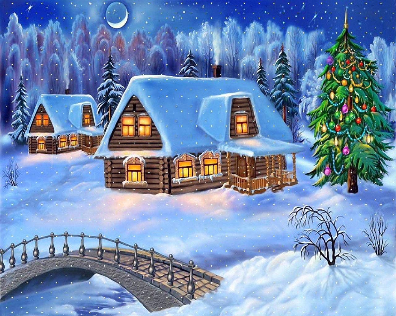 冬季聖誕原木小屋 壁紙 — 白雪覆蓋著舒適的木屋，在月光下，溫暖的燈光從裝飾好的聖誕樹旁的窗戶中閃爍。