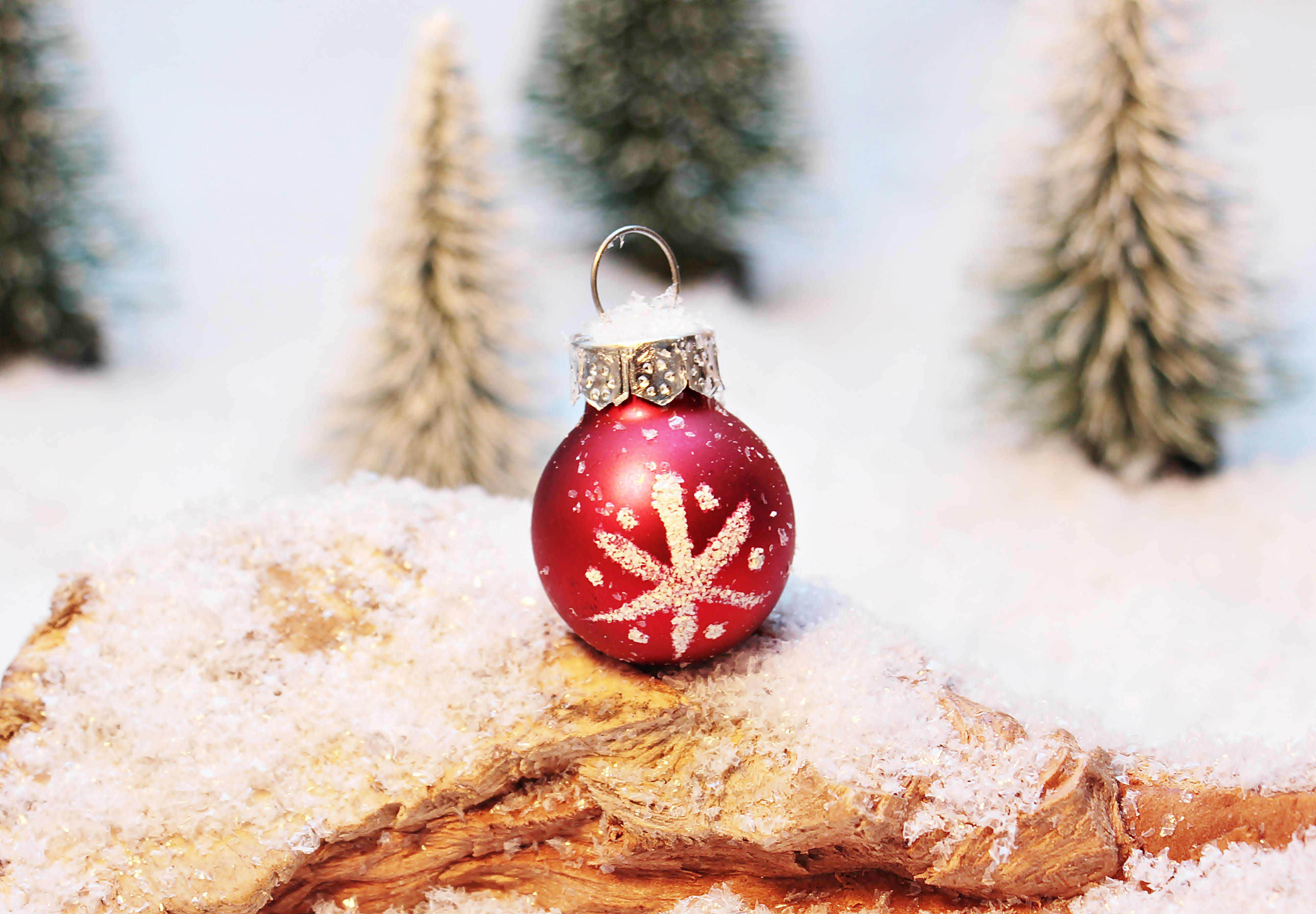 冬季聖誕彩球 壁紙 — 一個光澤的紅色聖誕裝飾品，帶有白色雪花圖案，放置在雪覆蓋的木頭上，周圍是微型霜凍松樹。