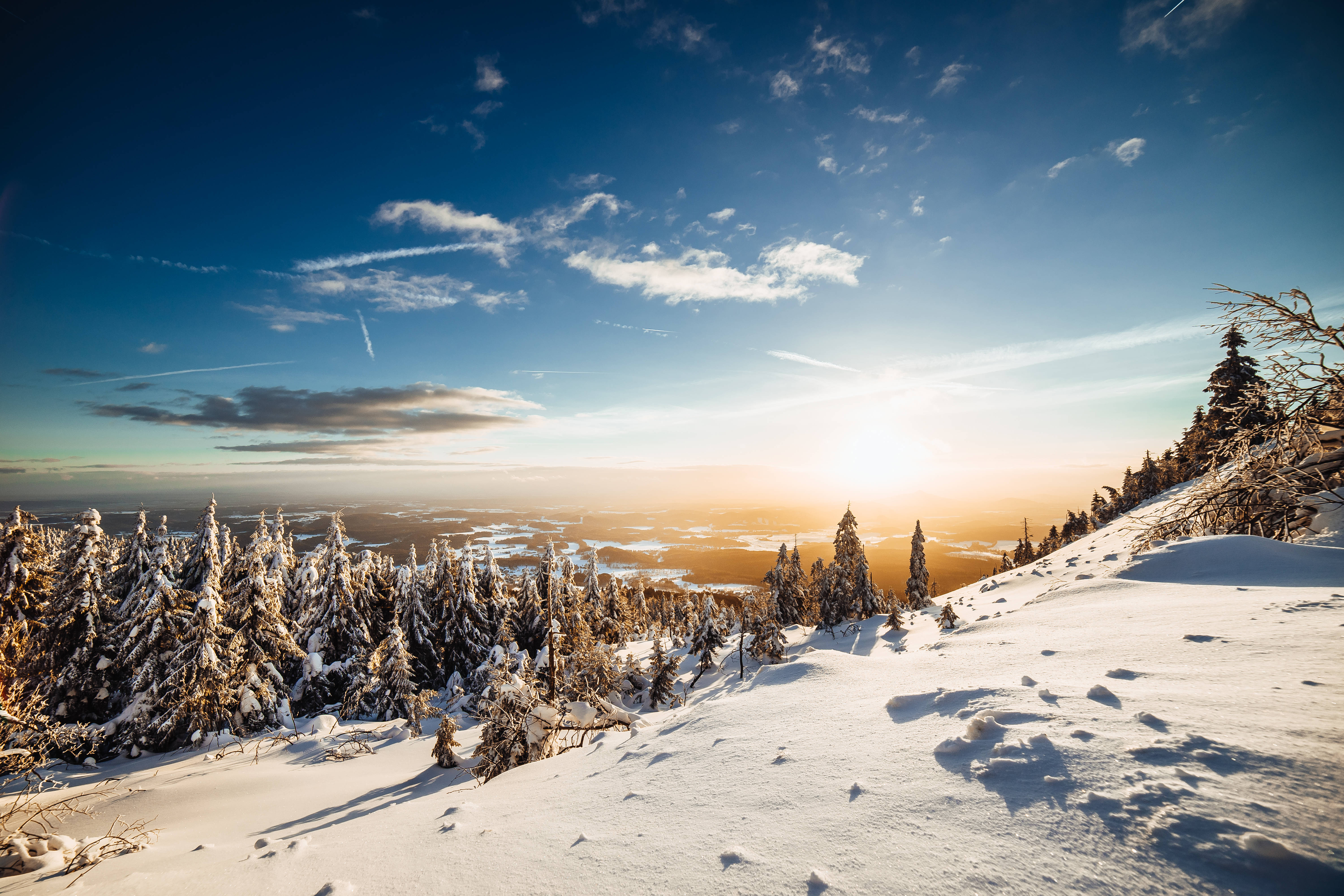 冬季自然風景免費 PowerPoint 壁紙 — 夕陽將積雪的松樹沐浴在金色光芒中，映襯著清澈的藍天和縷縷薄雲。