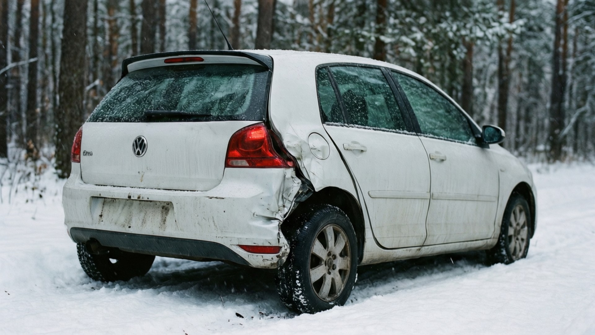 冬季車禍 壁紙 — 一輛損壞的白色福士偉根高爾夫被遺棄在雪地森林中，樹木和地面都被雪覆蓋。