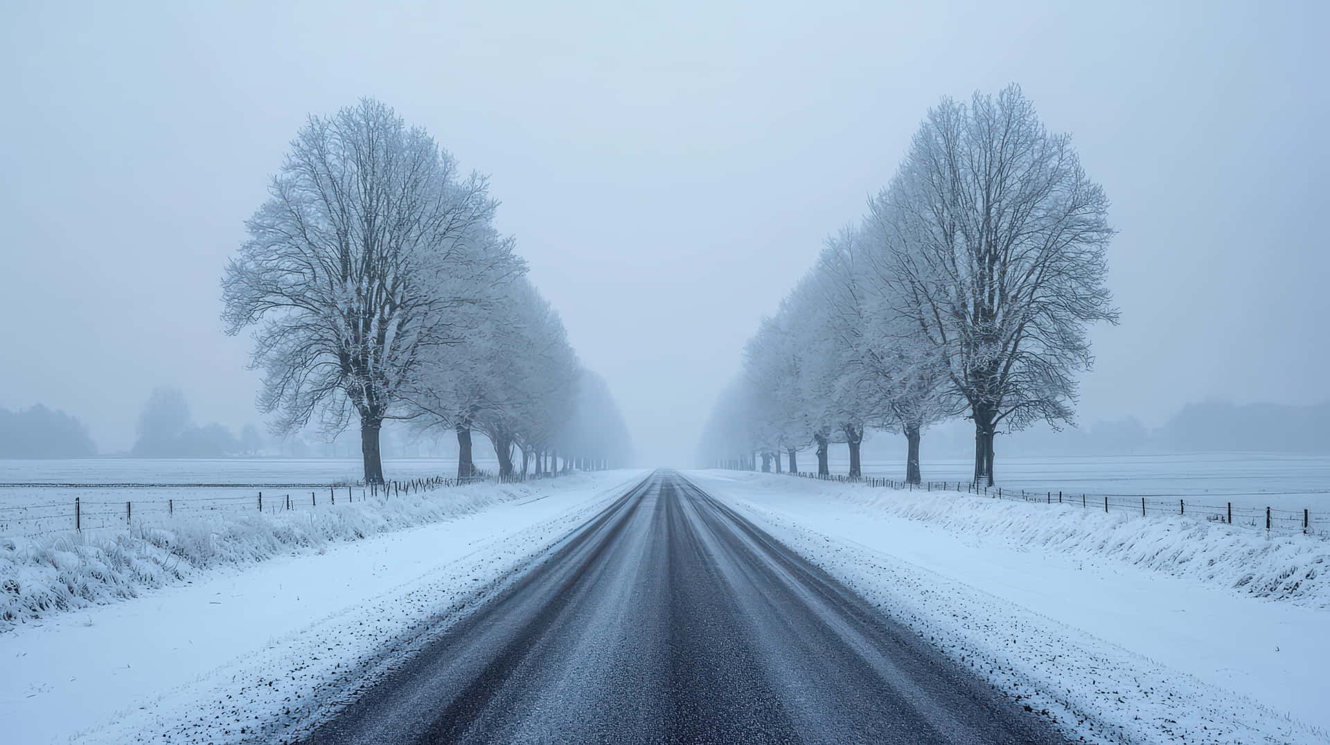 一條雪路，兩旁是裸露的樹木，在霧濛濛的冬季景觀中。