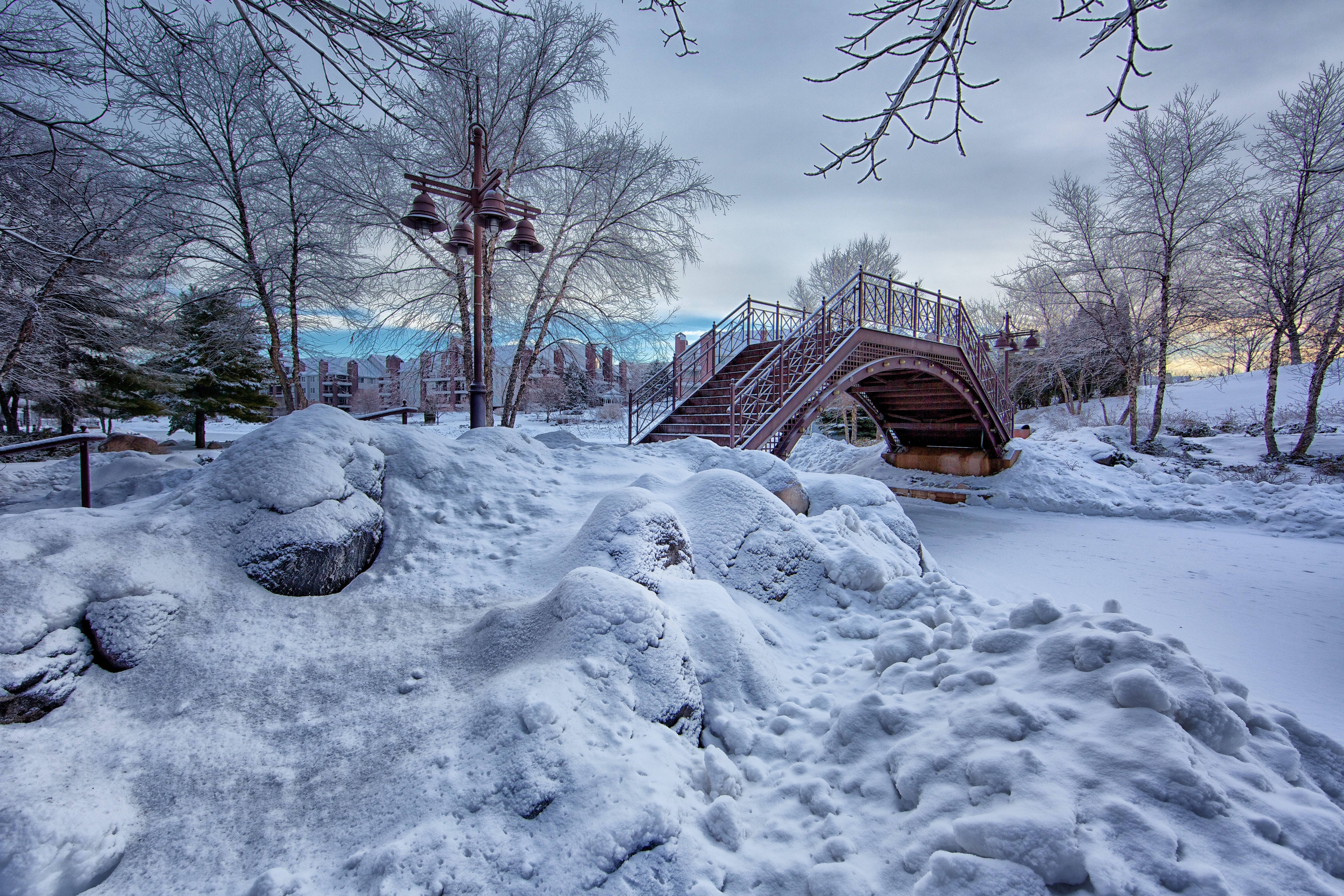 冬季雪景橋樑 壁紙 — 一座被雪覆蓋的橋樑拱起在結冰的小溪上，位於冬季公園，有光禿禿的樹木和遠處的建築物，天空多雲。