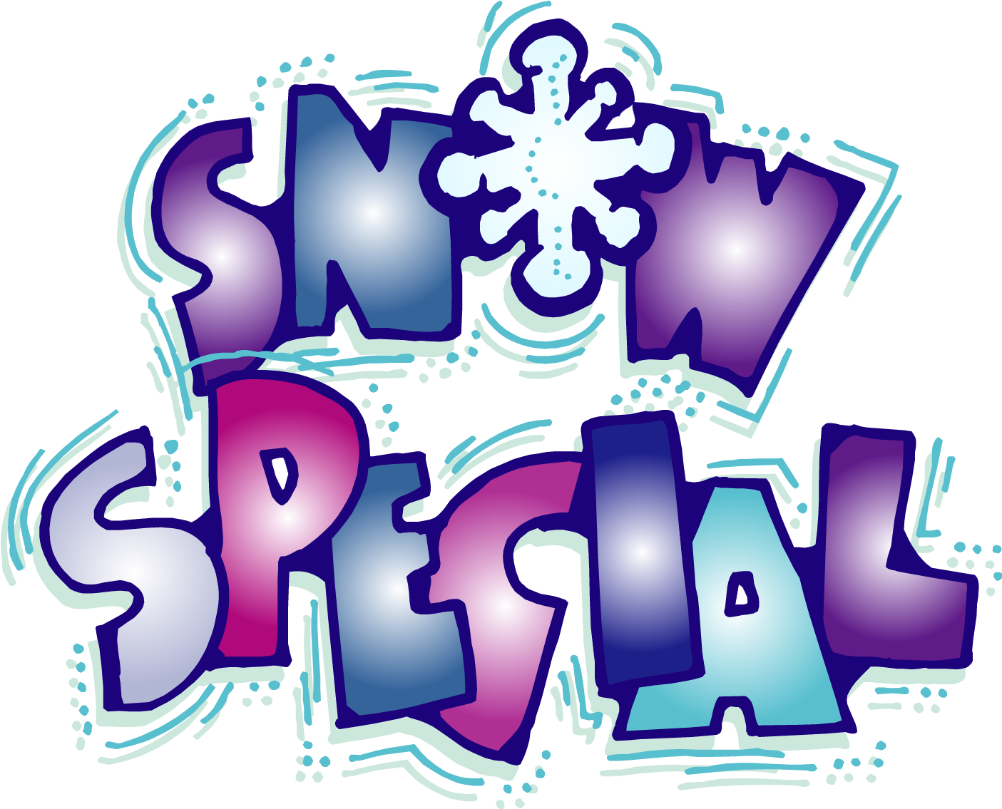 冬季雪景特別圖案 壁紙 — 充滿活力的塗鴉風格文字顯示「SNOW SPECIAL」，以雪花取代O，在黑色背景上發出紫色、粉紅色和藍色的光芒。