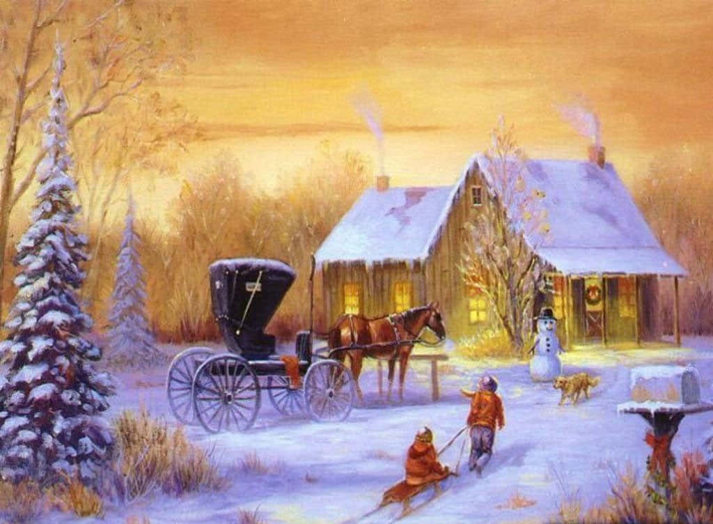 孩子們在有馬車和雪人的燈光小屋附近的雪地裡滑雪橇。
