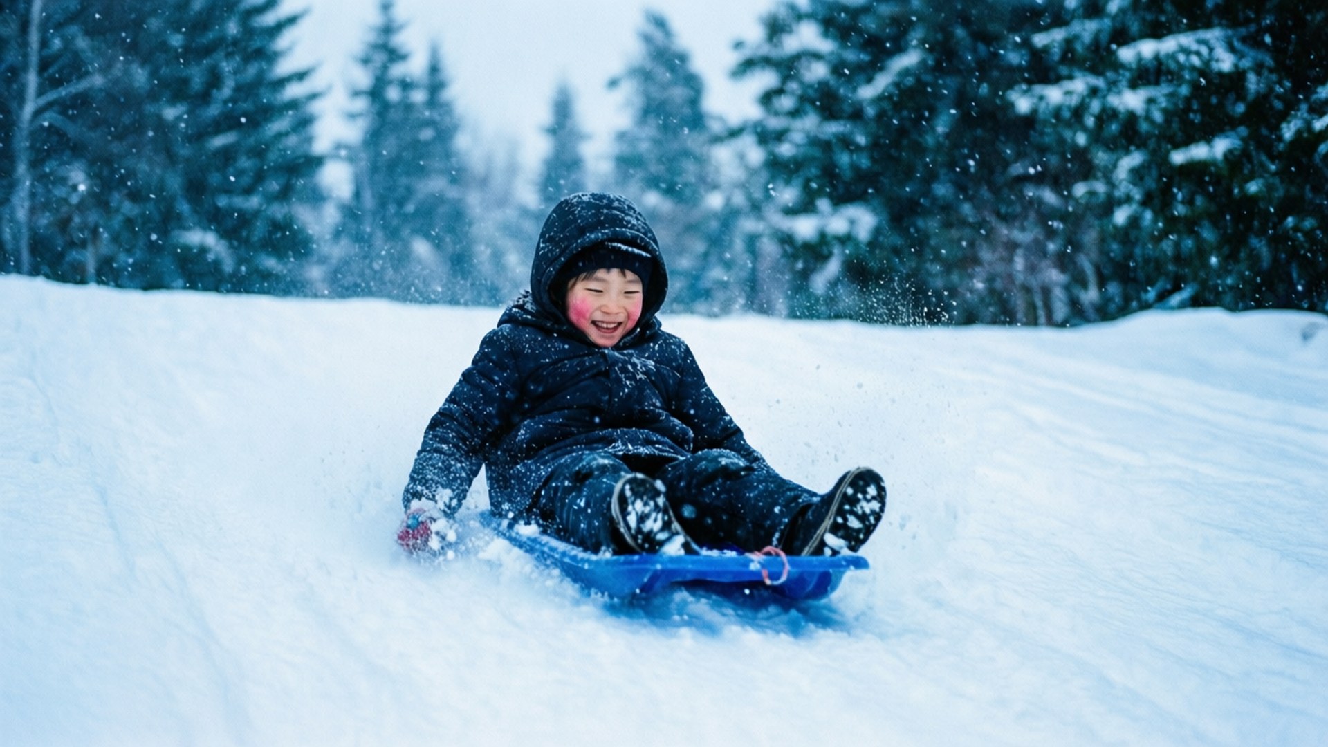 孩子在冬季森林的雪坡上滑雪橇