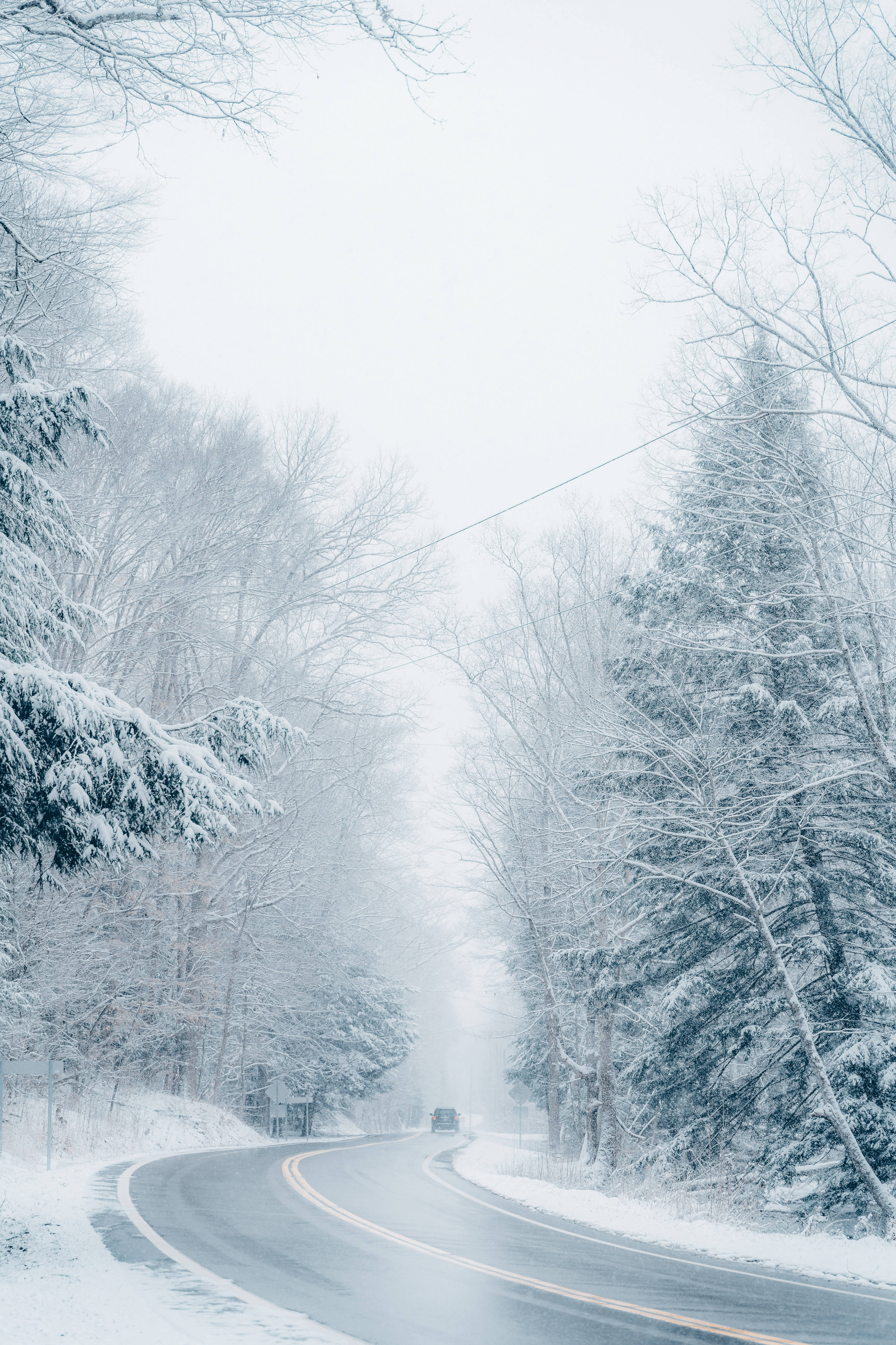 冬季雪覆道路 壁紙 — 一輛孤獨的汽車在蜿蜒的雪路上行駛，兩旁是白雪覆蓋的樹木，天空灰濛濛的冬日景象。