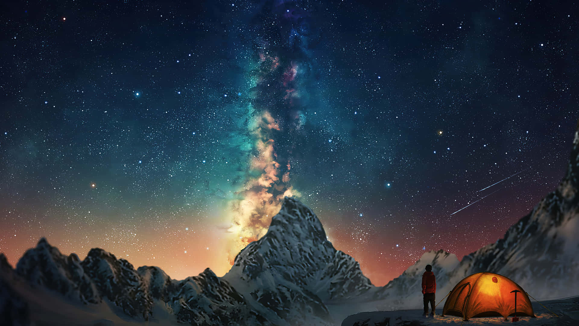 遠足者在星空下從積雪的山間營地凝視銀河。