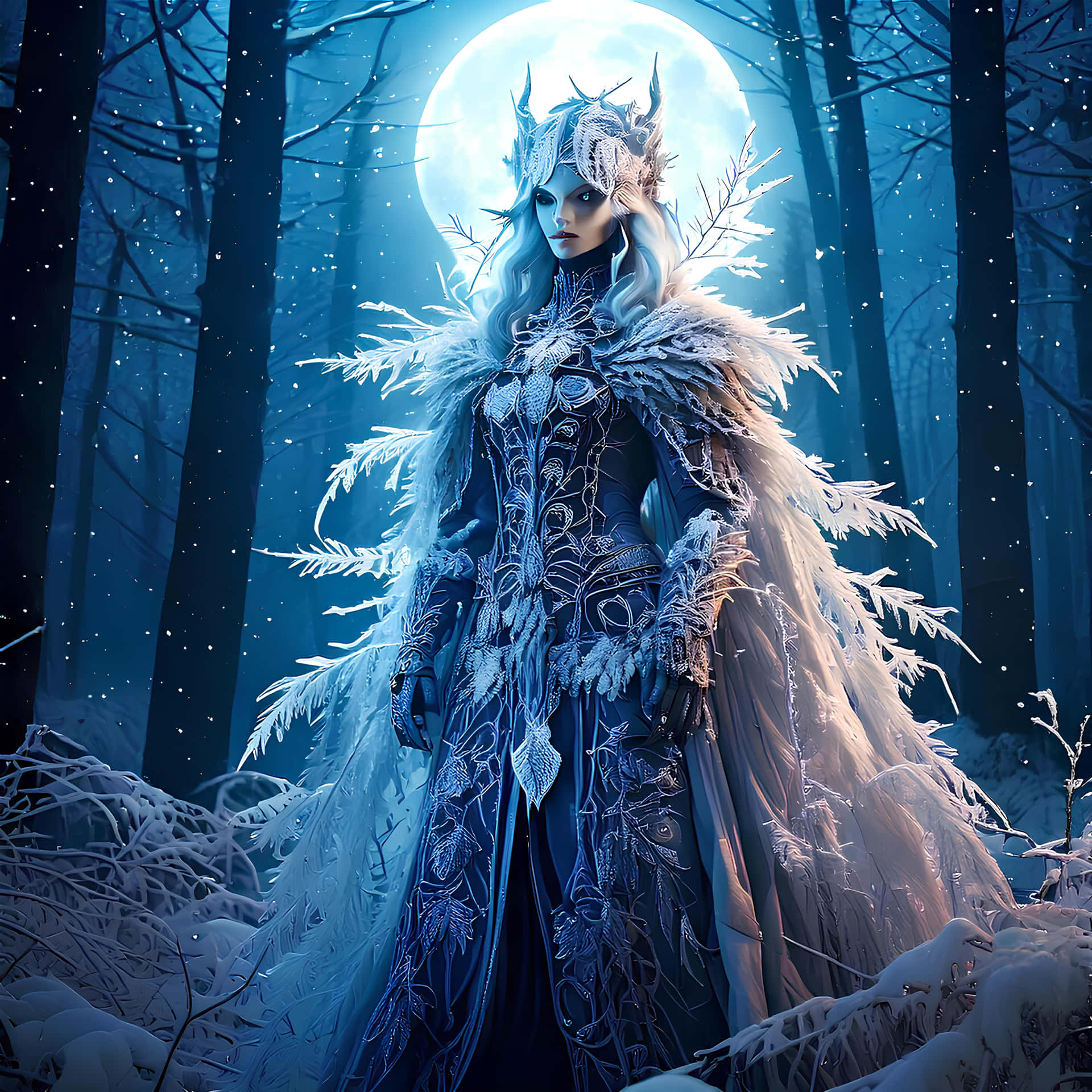 冬季靈魂 壁紙 — 一位冰霜女王戴著冰冠和羽毛斗篷，在雪森林中閃耀的月亮下威嚴地站立。