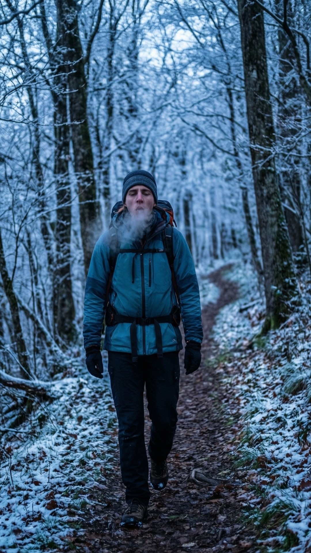 留白鬍子的男人穿著藍色外套和背包在雪地森林小徑徒步