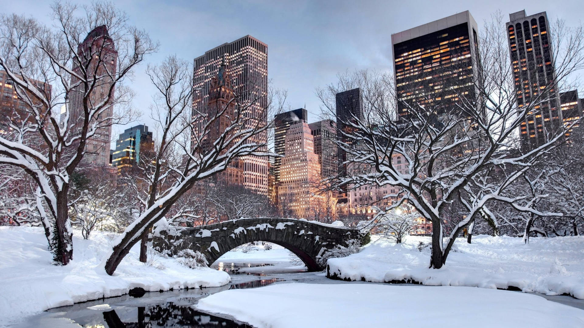 冬季城市公園中積雪覆蓋的橋樑和樹木，背景是燈火通明的摩天大樓。