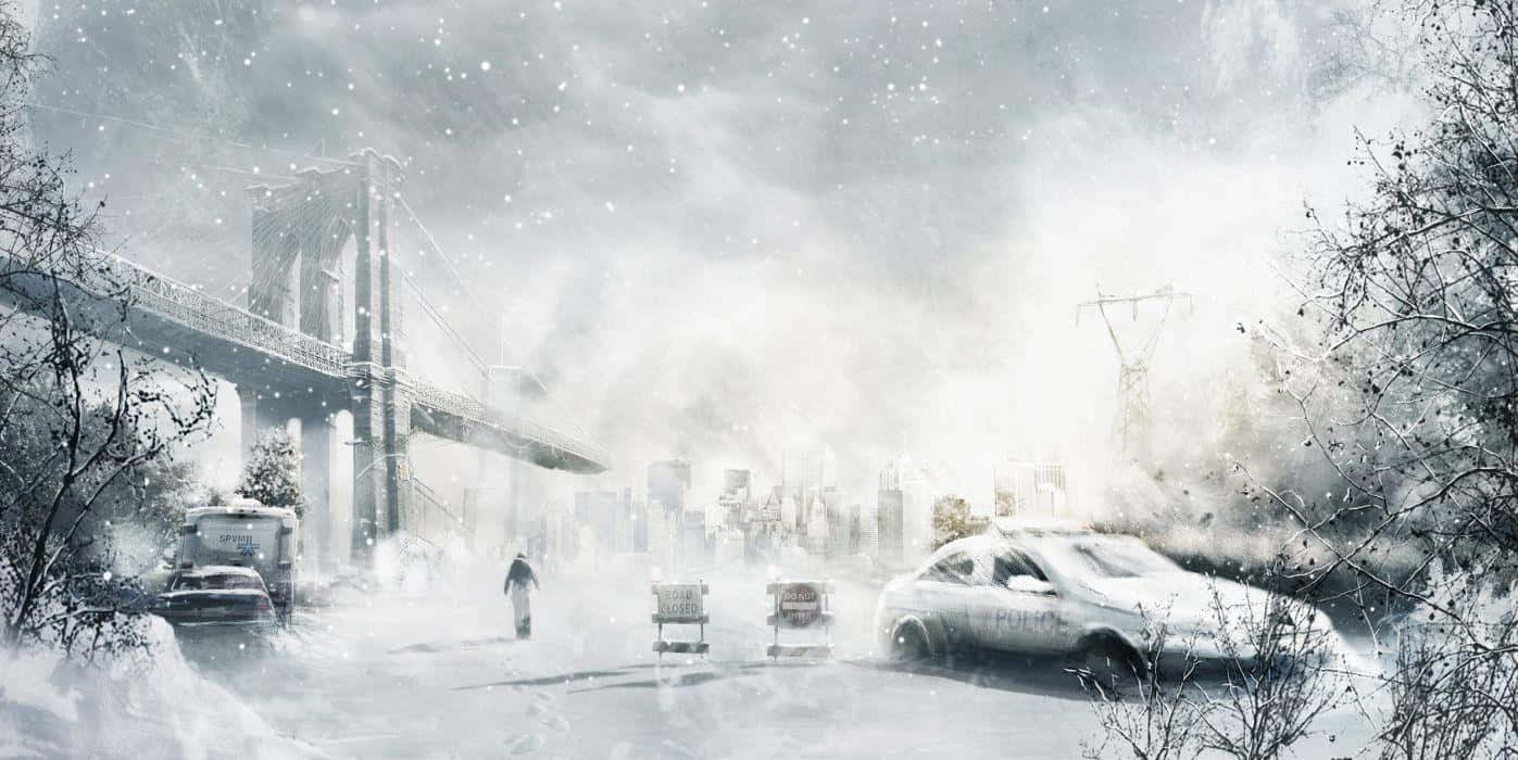 Snowstorm 桌布 壁紙 — 冬季風暴中，雪覆蓋的布魯克林大橋和警車的雪景城市場景。