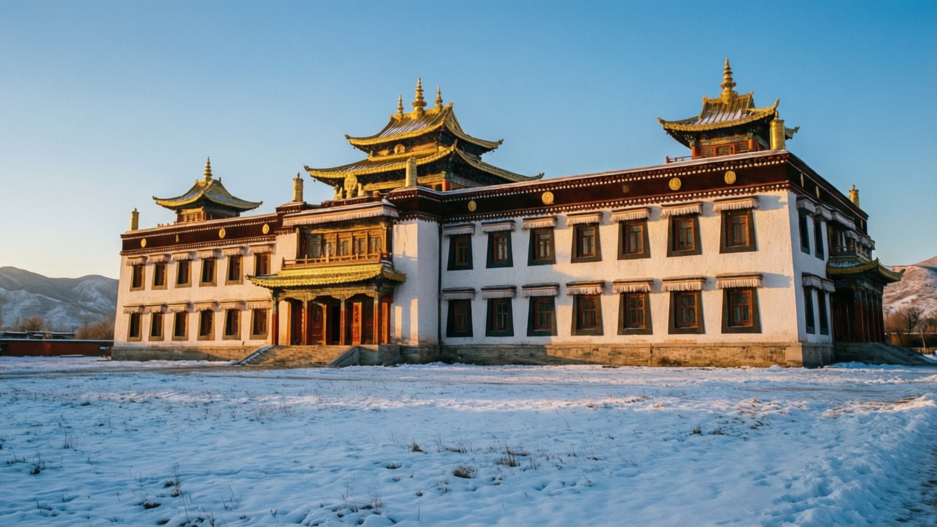 日出時雪中的西藏寺院，金色屋頂和藍天