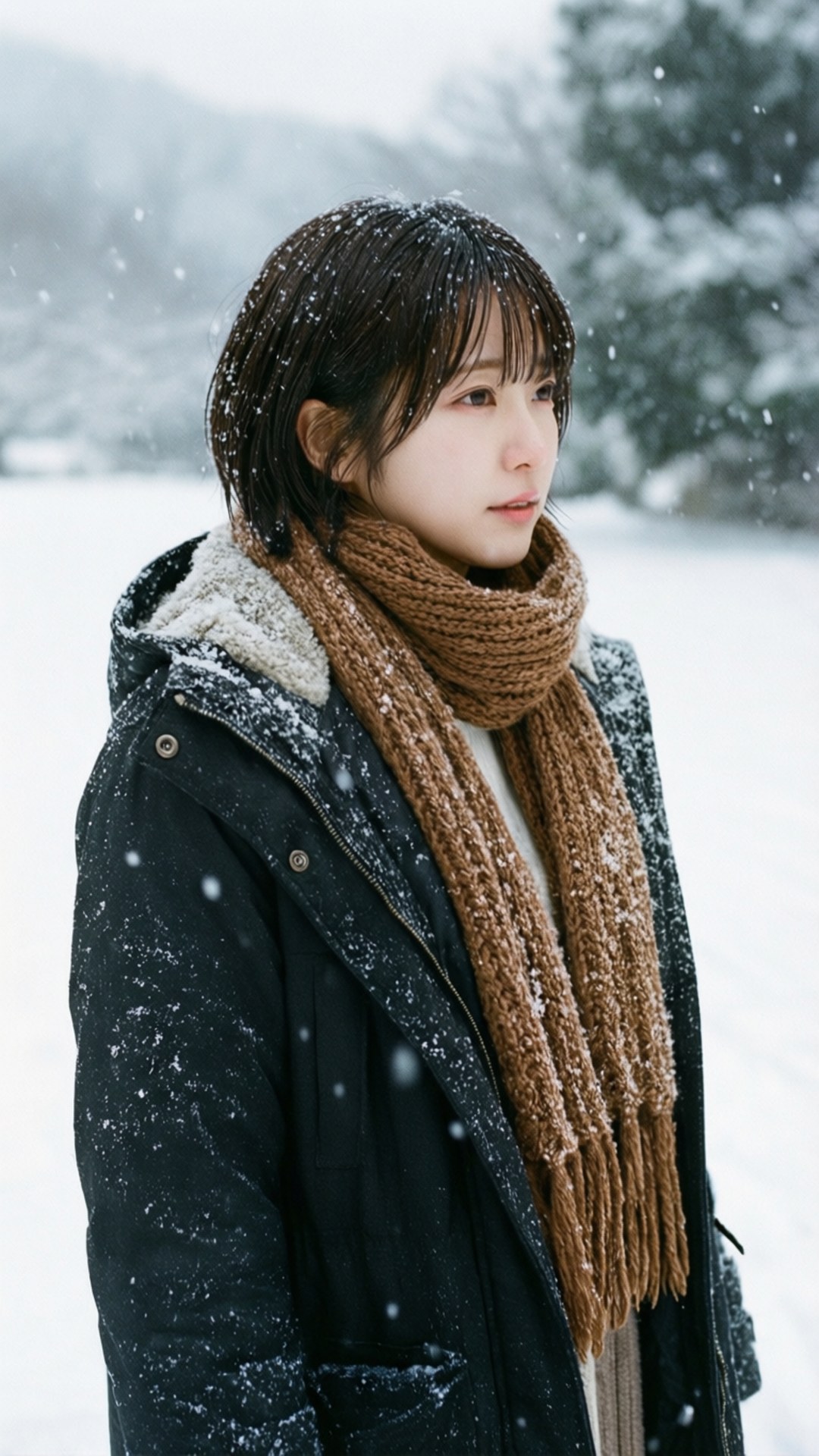 冬日Hoshi 壁紙 — 一位年輕女性身穿黑色外套和棕色圍巾，站在雪景中，雪花輕輕飄落在她周圍。