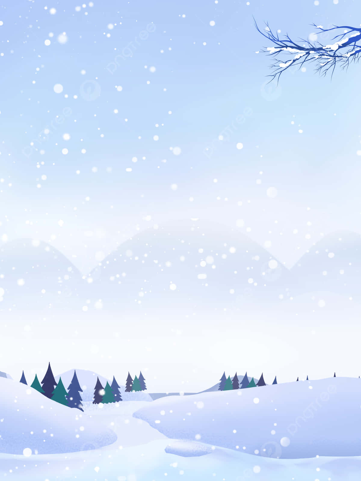 冬日仙境 壁紙 — 雪花輕輕飄落在寧靜的冬季景觀上，有白雪覆蓋的山丘和遠處的松樹，在淡藍色的天空下。