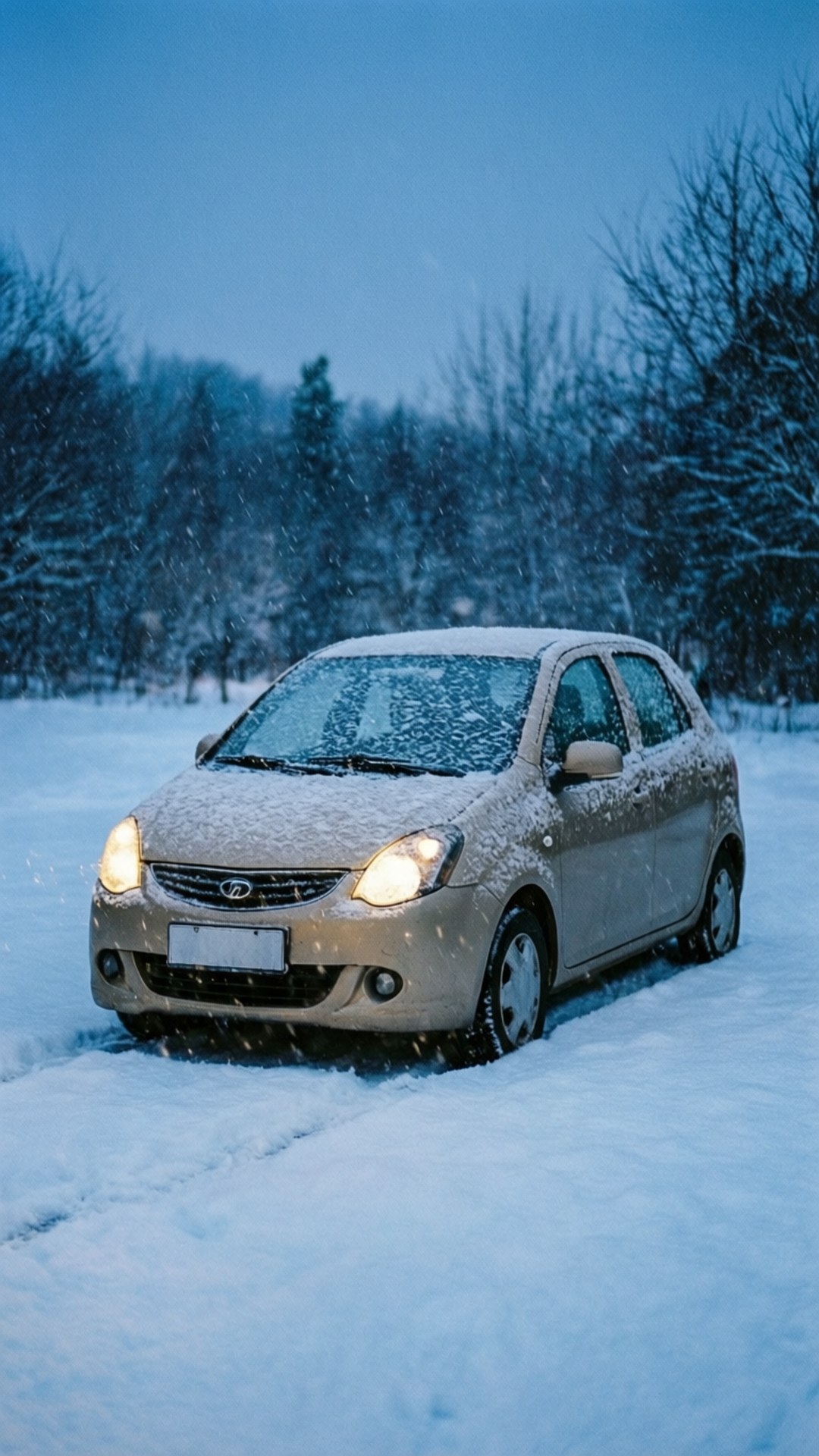 銀色汽車在黃昏時分行駛於雪地森林，車頭燈亮著。