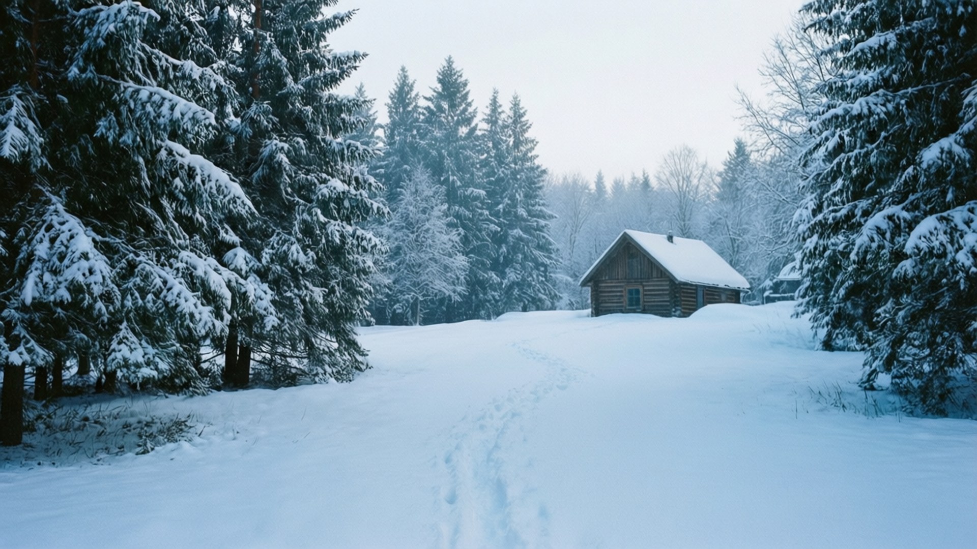 冬季森林中雪覆蓋的小屋，腳印通向它