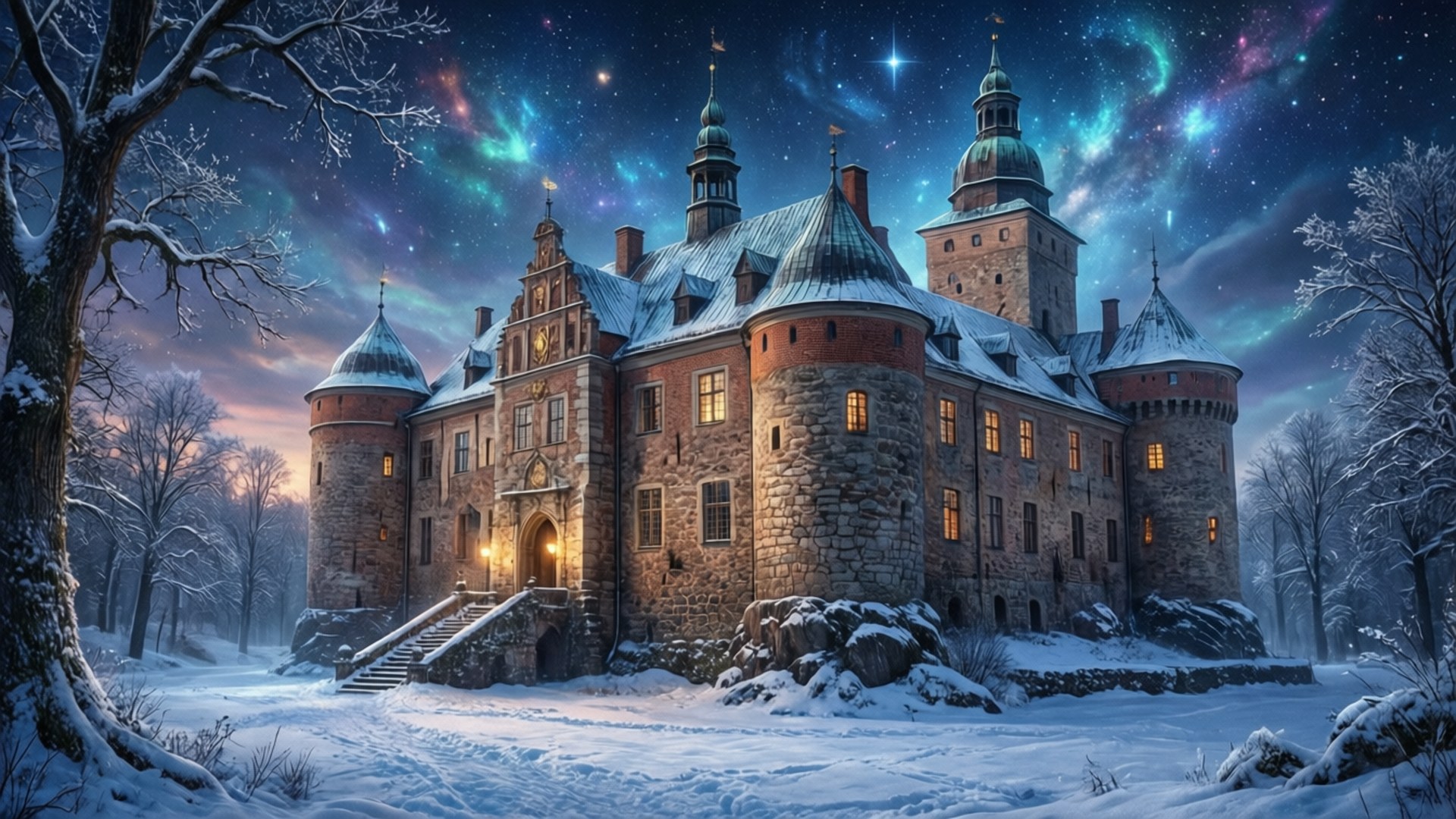 冬日城堡奇景 壁紙 — 一座雄偉的雪覆蓋城堡在充滿活力的星空下溫暖地發光，伴隨著宇宙極光。