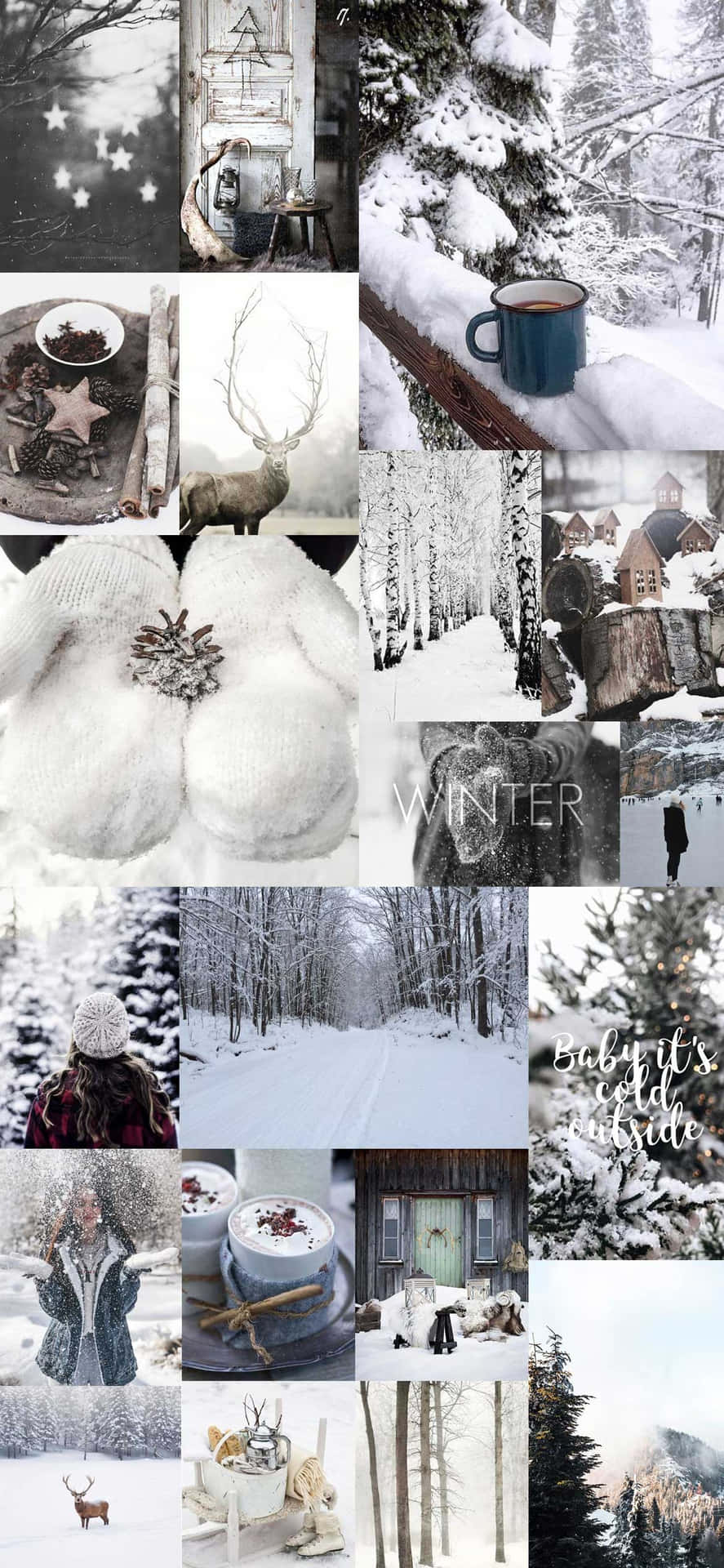 冬季場景拼貼畫，有雪、小木屋、鹿和舒適的節日裝飾。