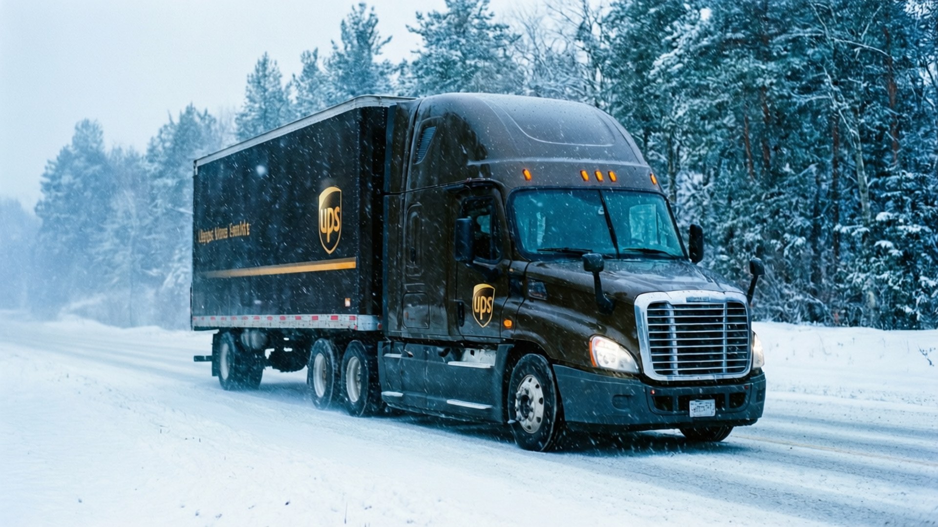 UPS貨車在冬季森林的雪路上行駛