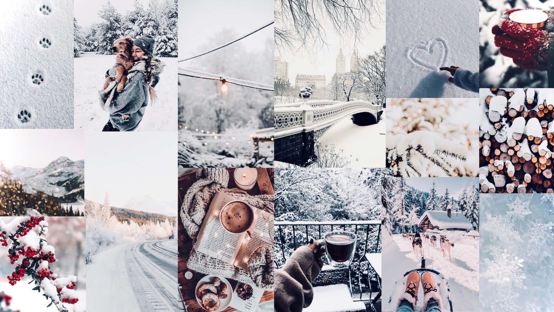 冬日場景，有雪、熱飲和紅色漿果，營造舒適的節日氣氛。