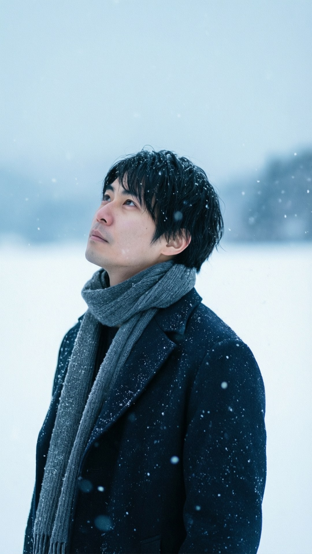 穿著冬季外套和圍巾的男人站在飄雪中。