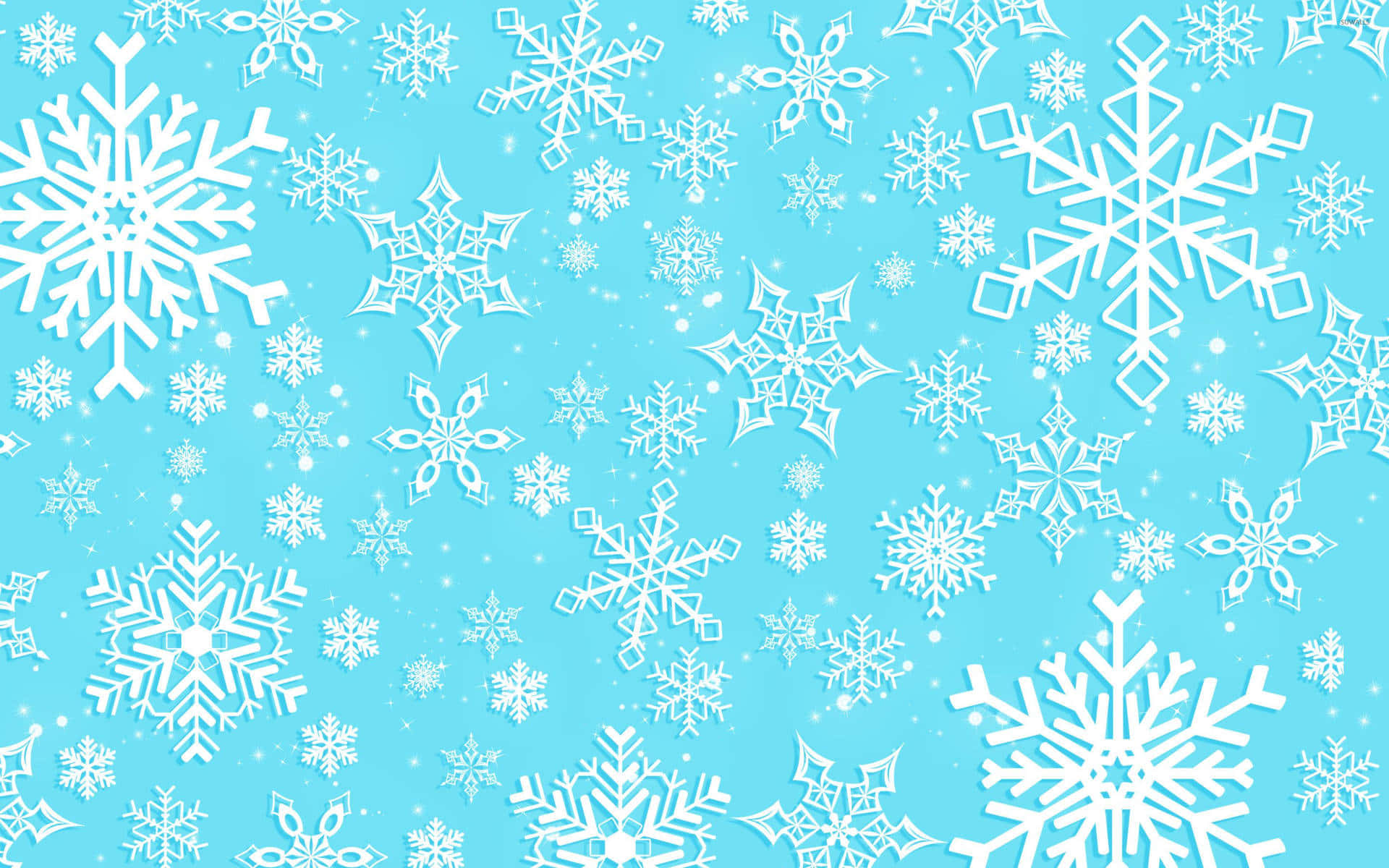 冬日日出時的白色雪花 壁紙 — 各種精緻設計的白色雪花在柔和的藍色背景上輕輕飄浮。