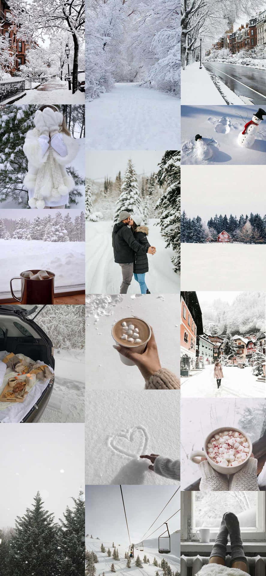白雪皚皚的冬日場景，配有熱可可和新雪中的心形圖案。