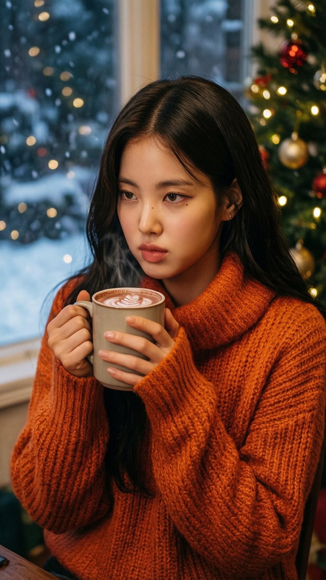 Jisoo在雪白的冬日裡拿著熱朱古力