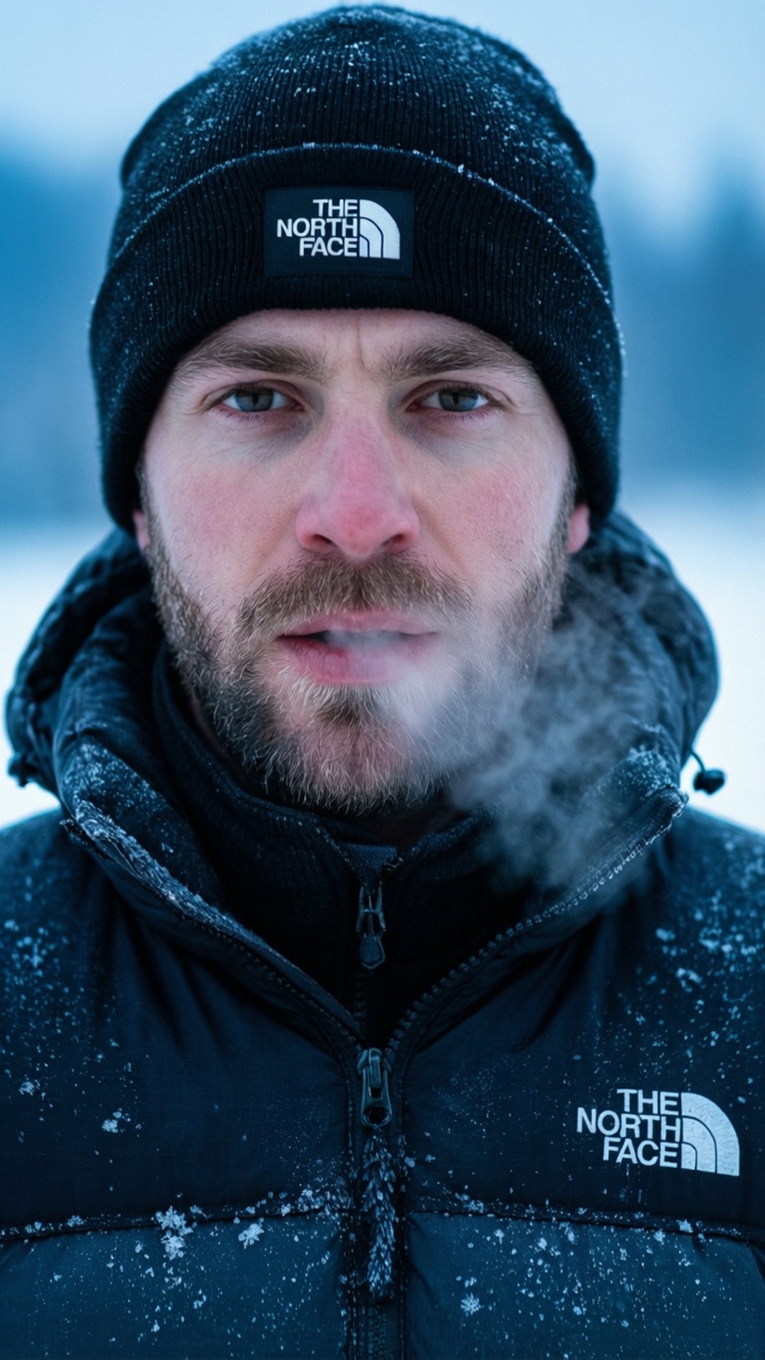 冬日暖意肖像 壁紙 — 一名戴著黑色North Face冷帽和外套的男子，在雪白的藍色背景下呼出冰冷的氣息。