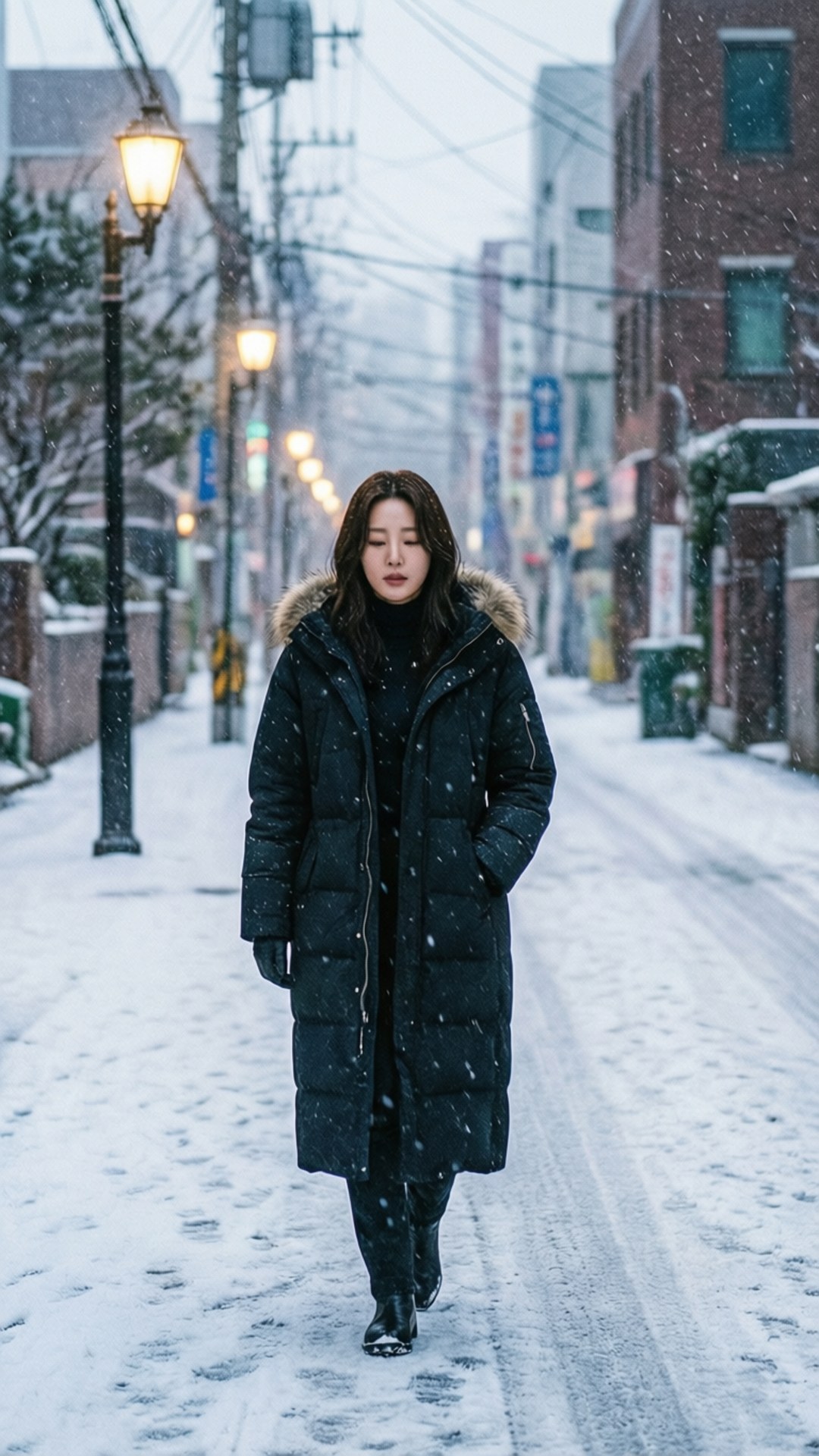 一名女子在輕柔的降雪中，穿著黑色外套走在積雪的都市街道上。