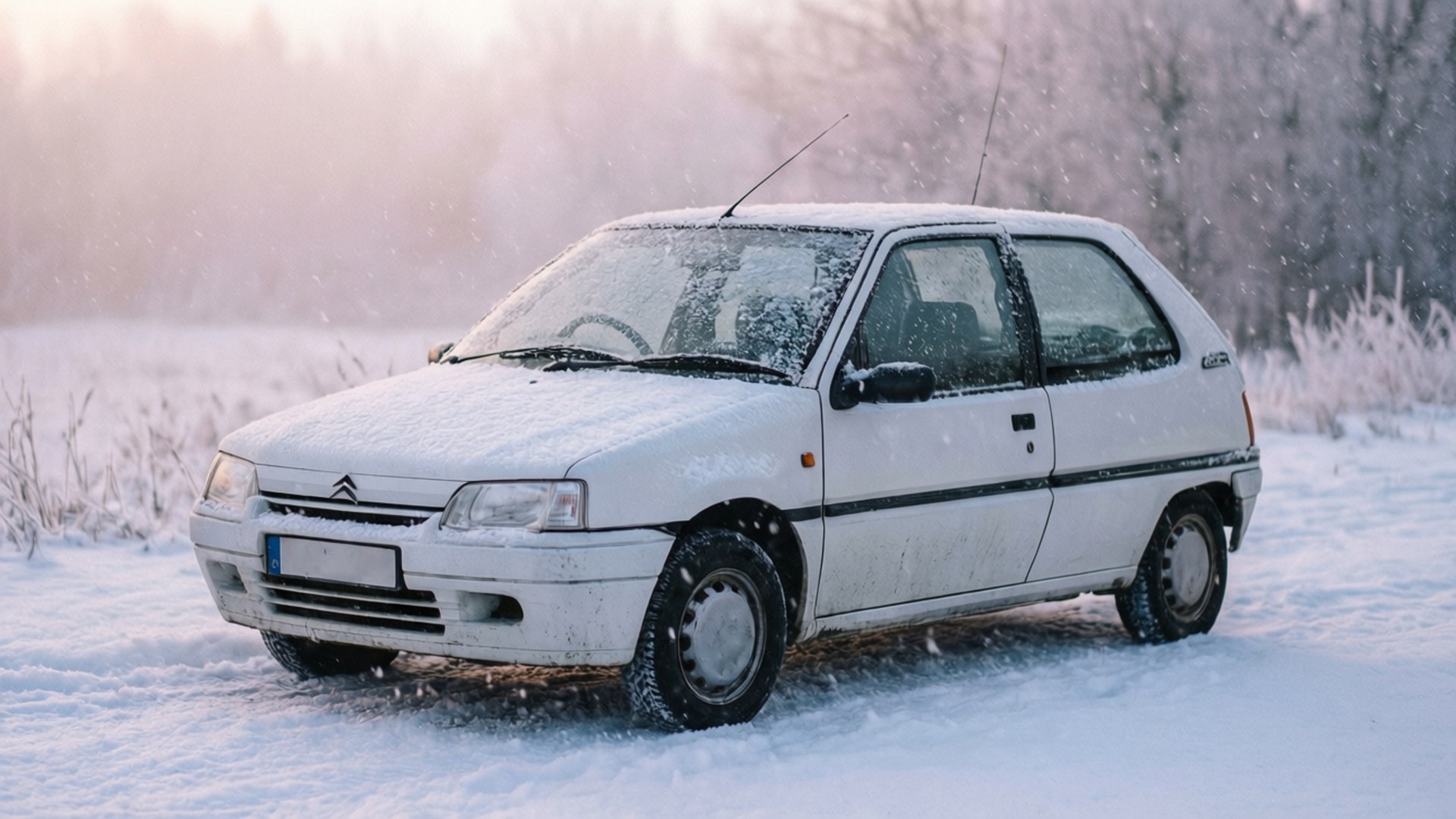 白色復古車停在雪地上，下雪中