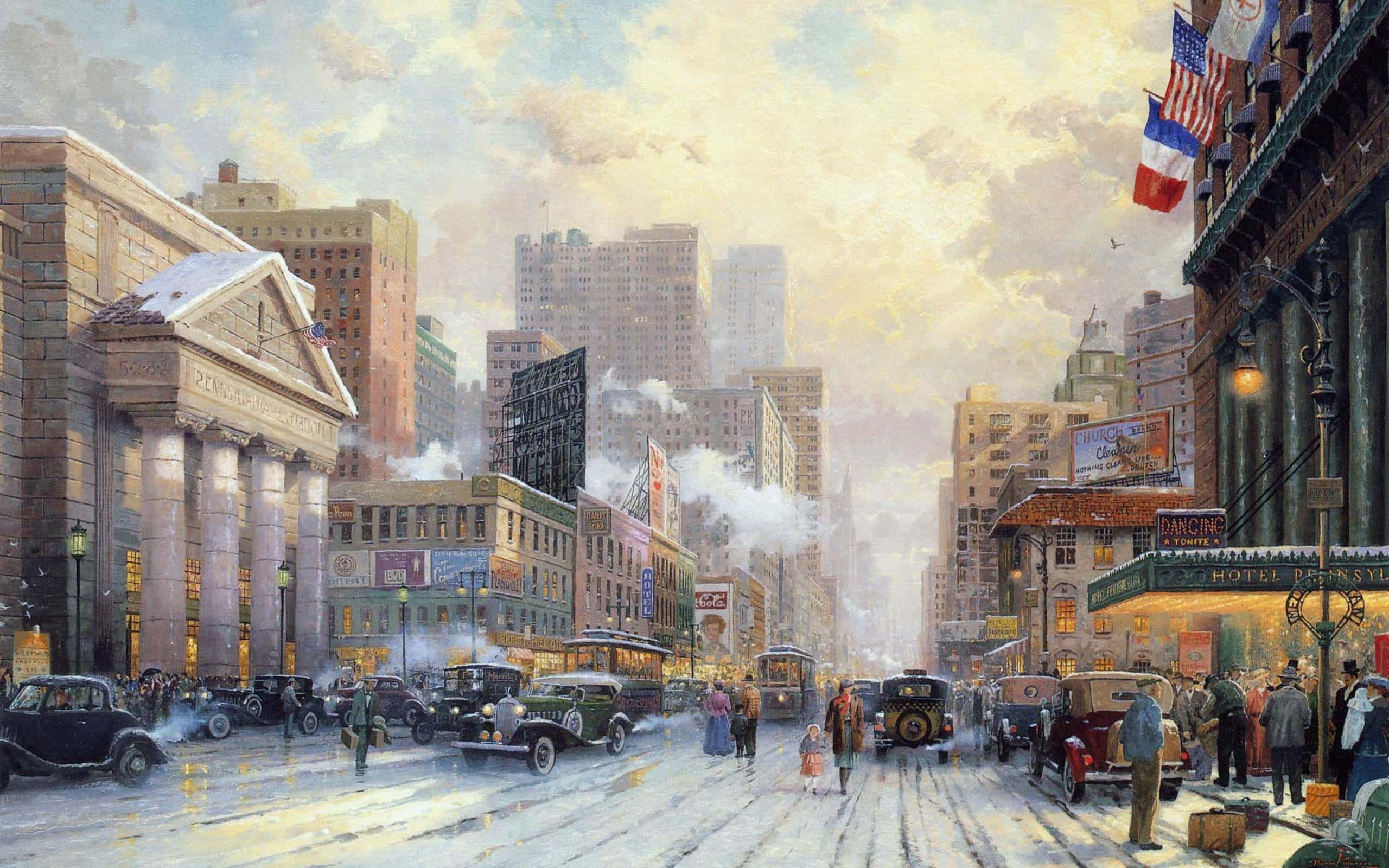 Winter Cityscape 桌布 壁紙 — 冬日繁忙的雪景城市街道，復古汽車和行人靠近一座宏偉的石建築，天空多雲。