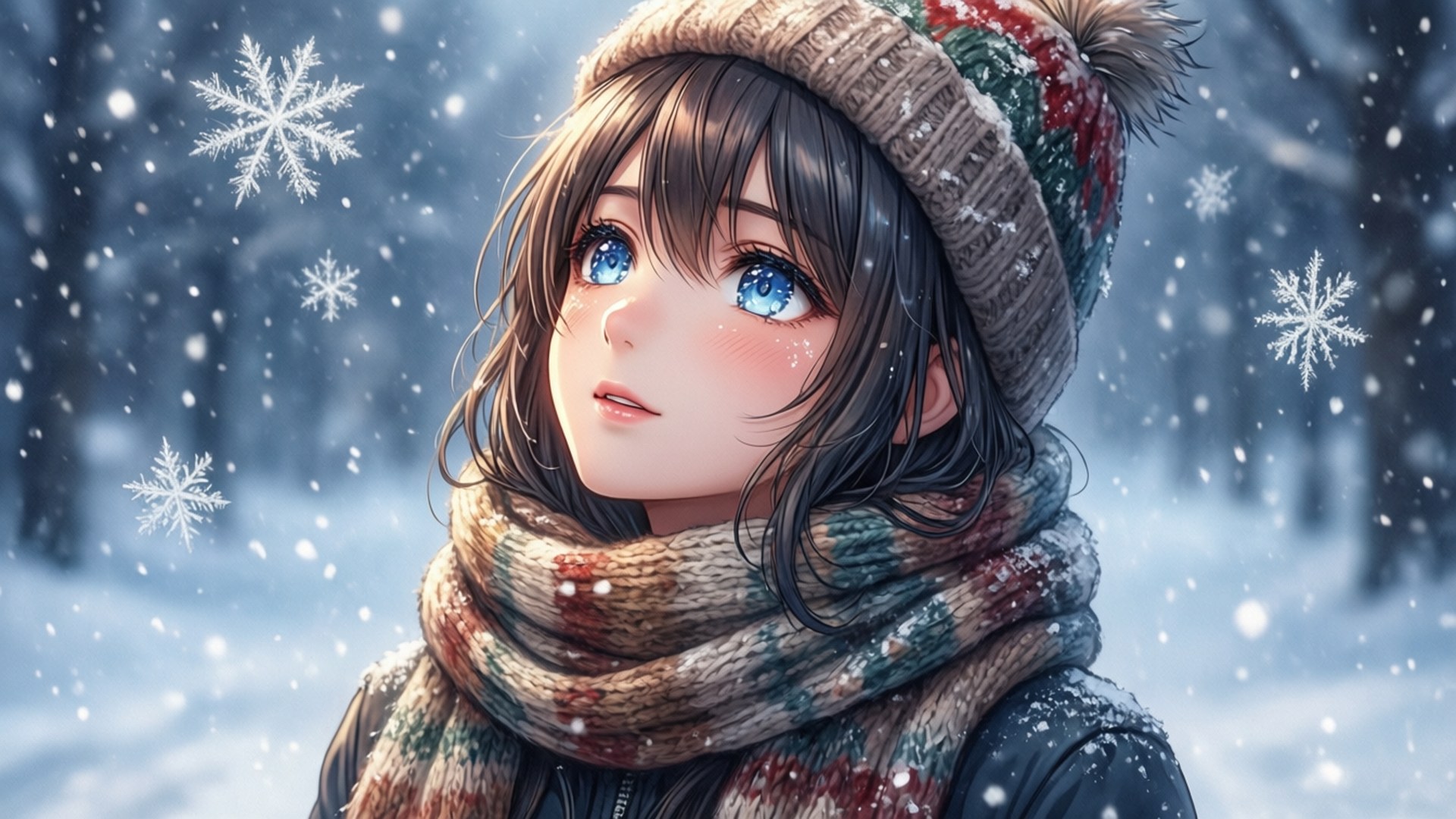 動漫女孩戴著冬帽和圍巾，在雪地森林中仰望飄落的雪。