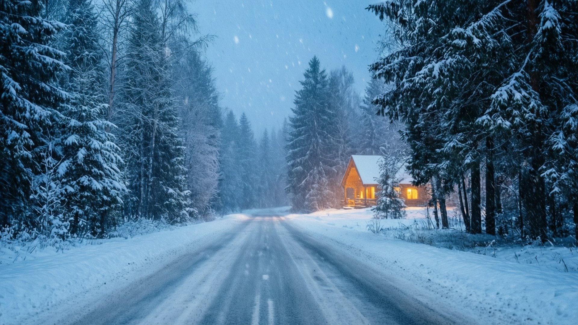 一條雪路通往冬季森林中一間帶有溫暖燈光的舒適小屋。