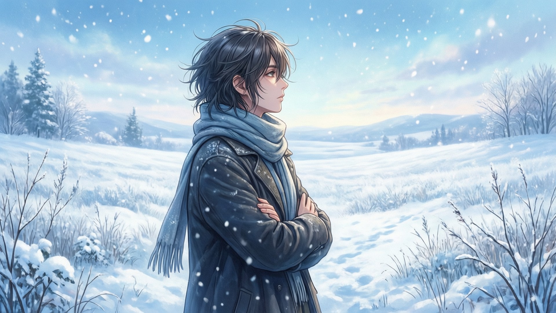 年輕男子穿著冬季外套和圍巾站在積雪覆蓋的田野中，雪花飄落。
