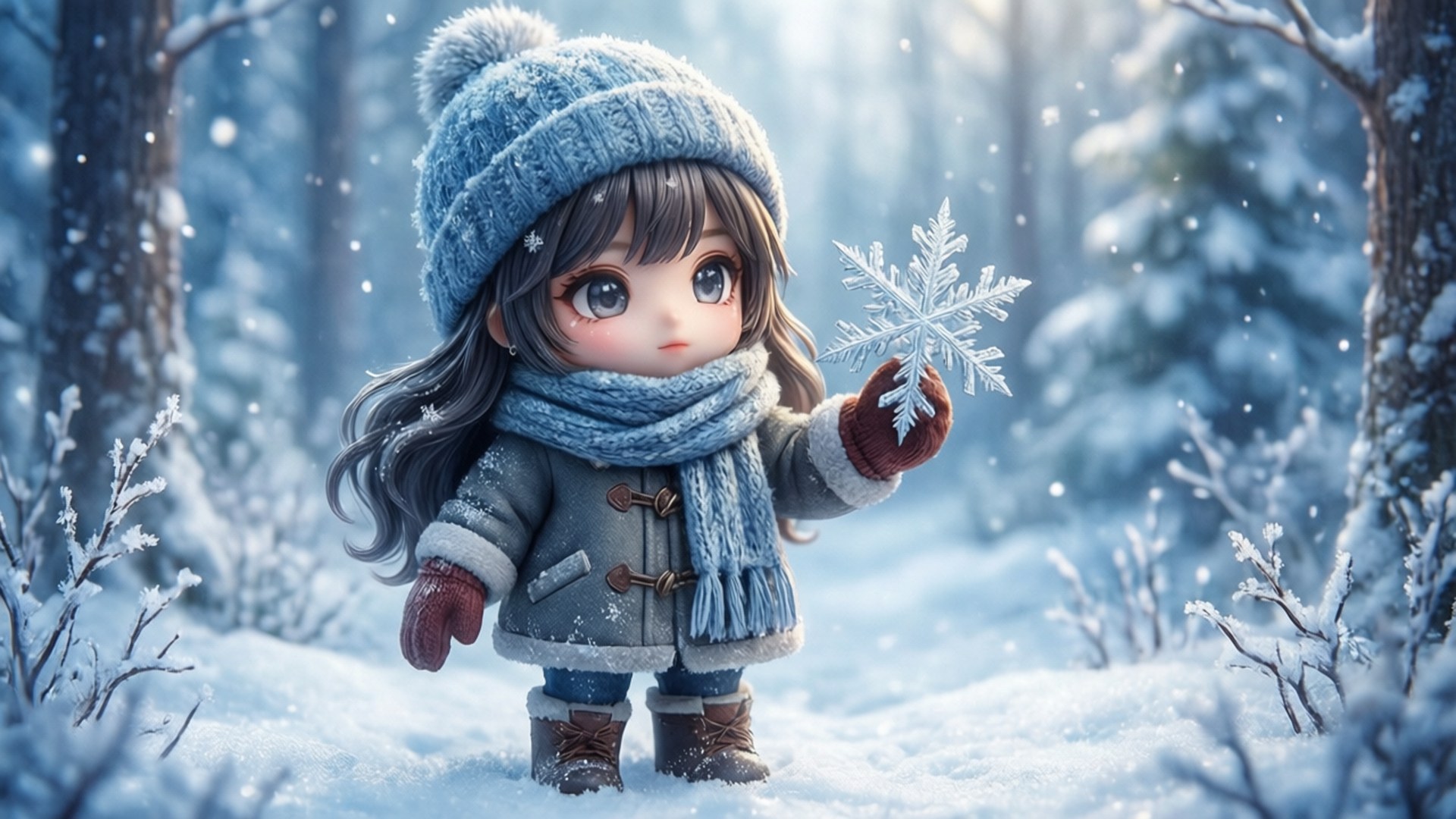 一個穿著冬季服裝的年輕女孩在雪地森林中手持雪花。