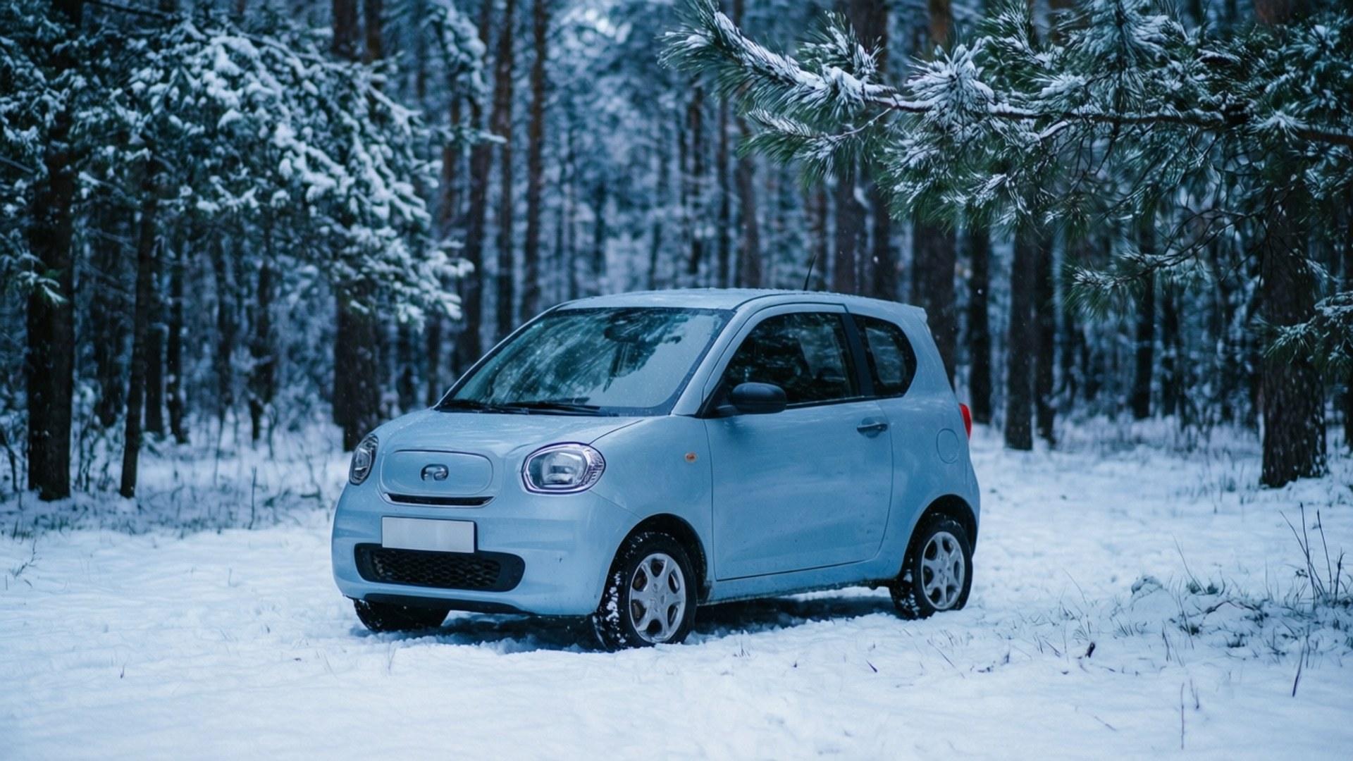 一輛淺藍色汽車停放在雪松林中。
