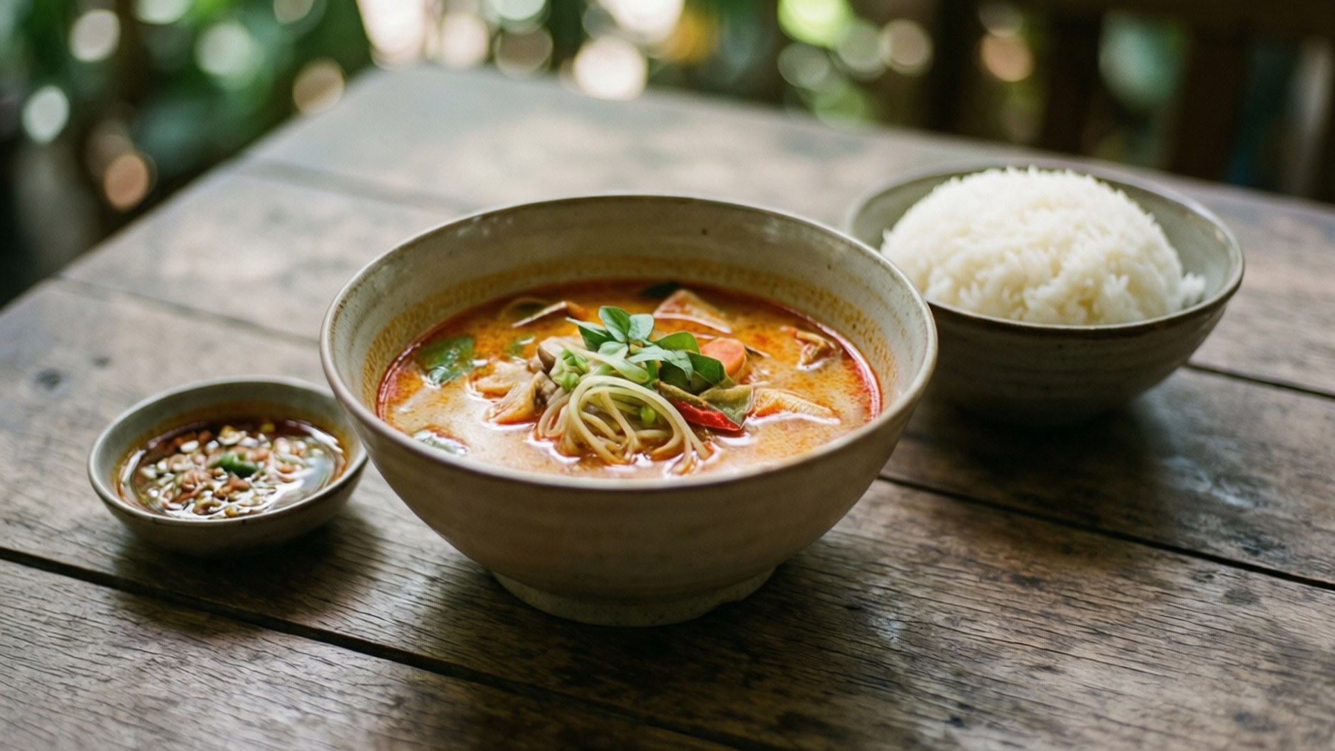 戶外木桌上的冬陰功湯、白飯和辣椒醬。