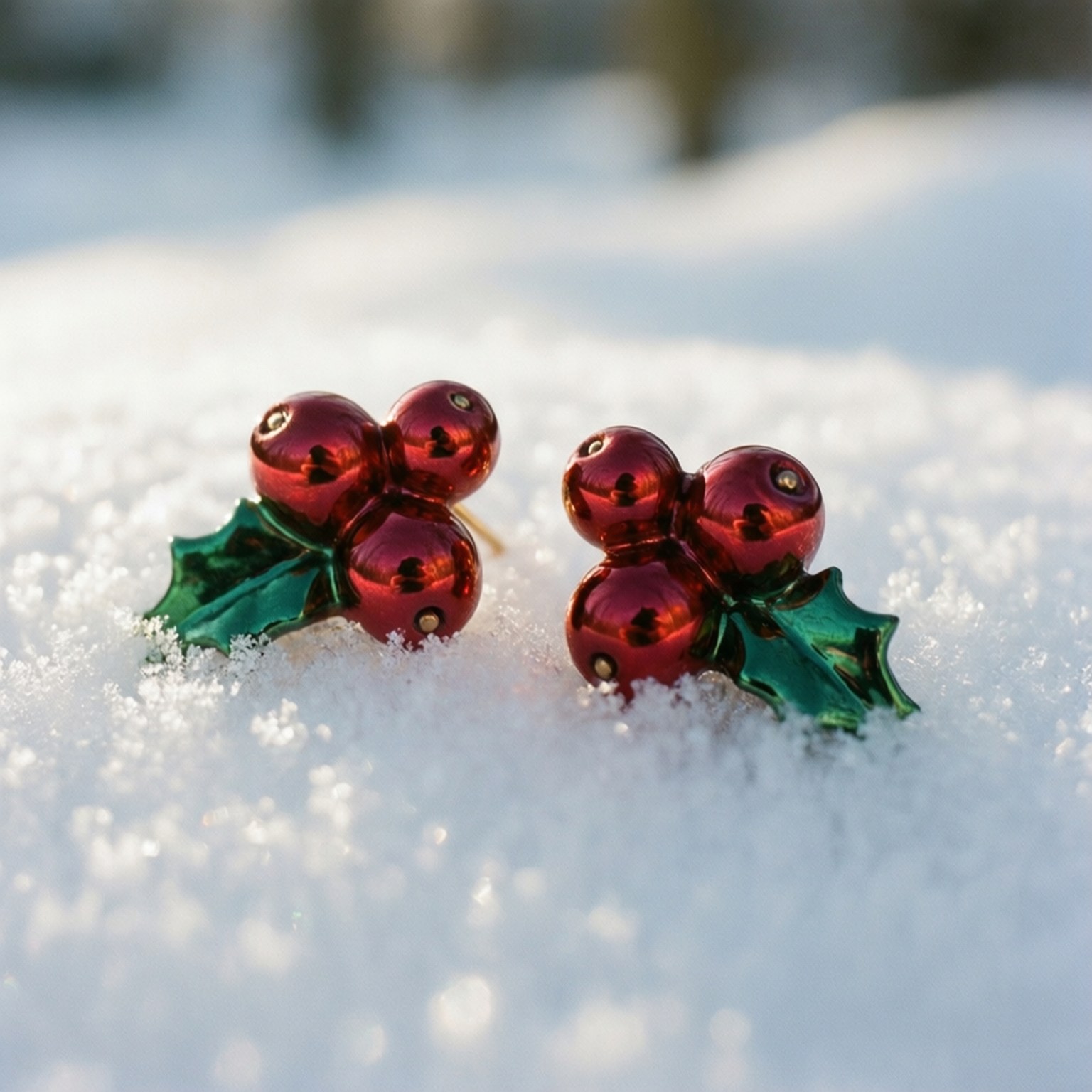 冬青果耳環落雪 壁紙 — 閃亮的紅色冬青漿果耳環搭配綠色葉子，在明亮的陽光下放置在柔軟的白雪上。