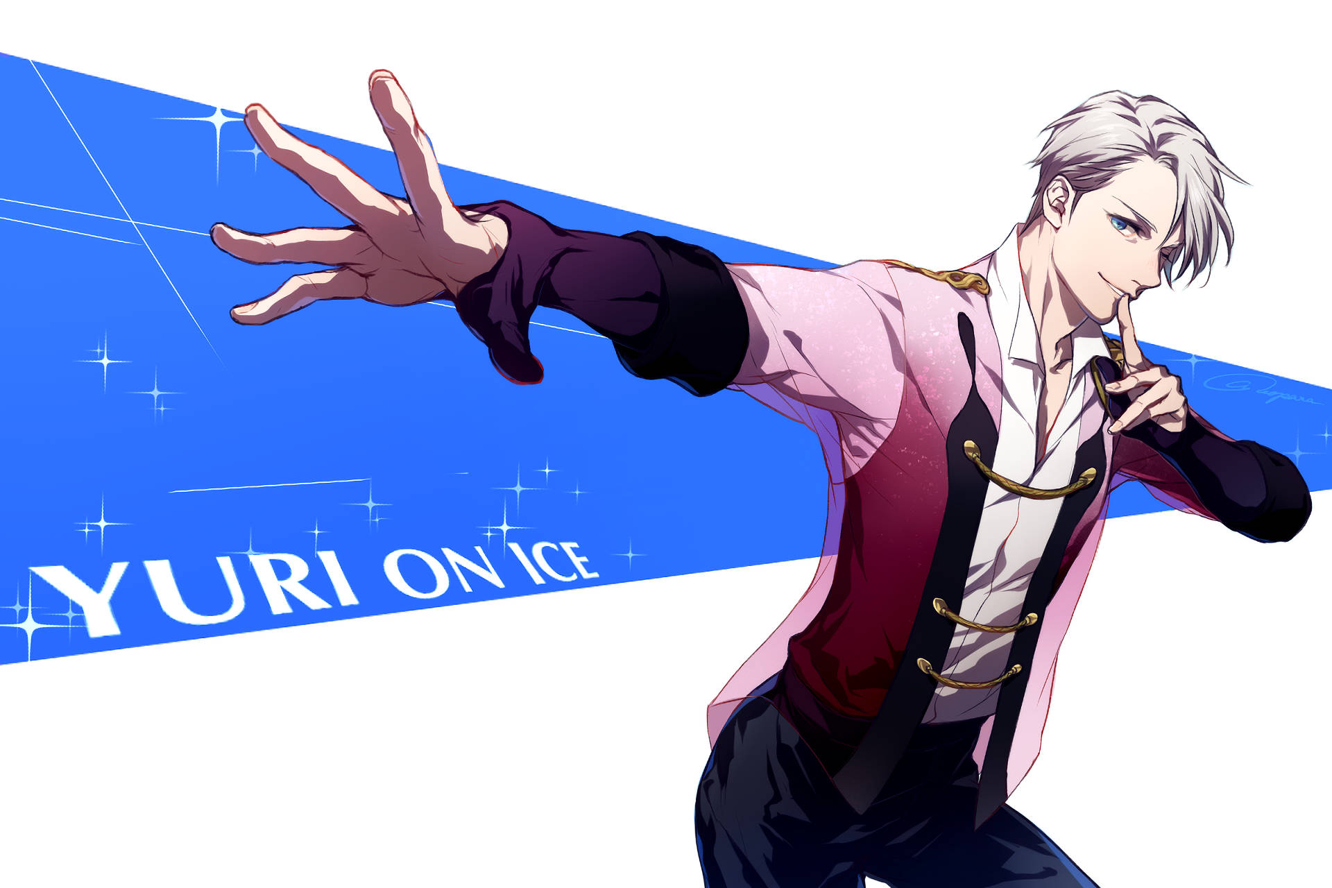 動畫《Yuri on Ice》中的滑冰選手尤里以動態姿勢搭配藍色閃光。