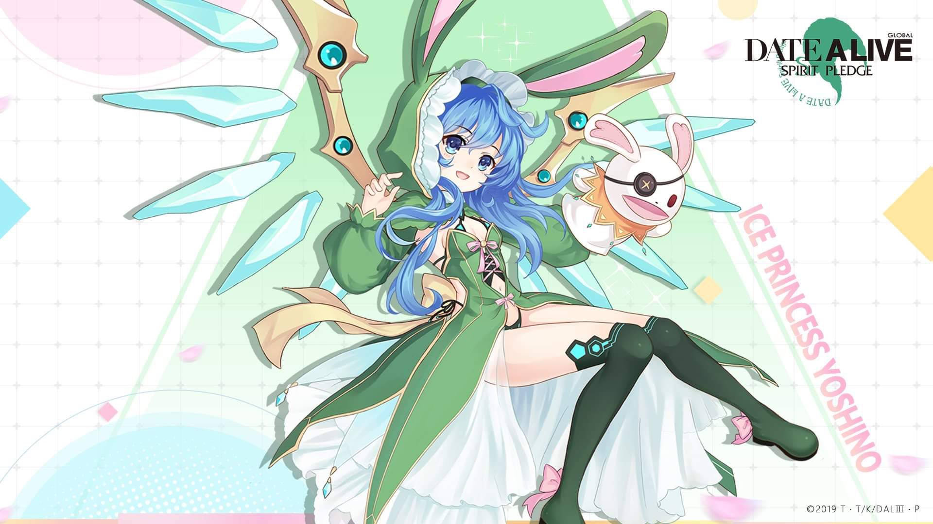 藍髮動漫女孩戴著兔耳朵，手持法杖，旁邊有一隻小兔子作伴。