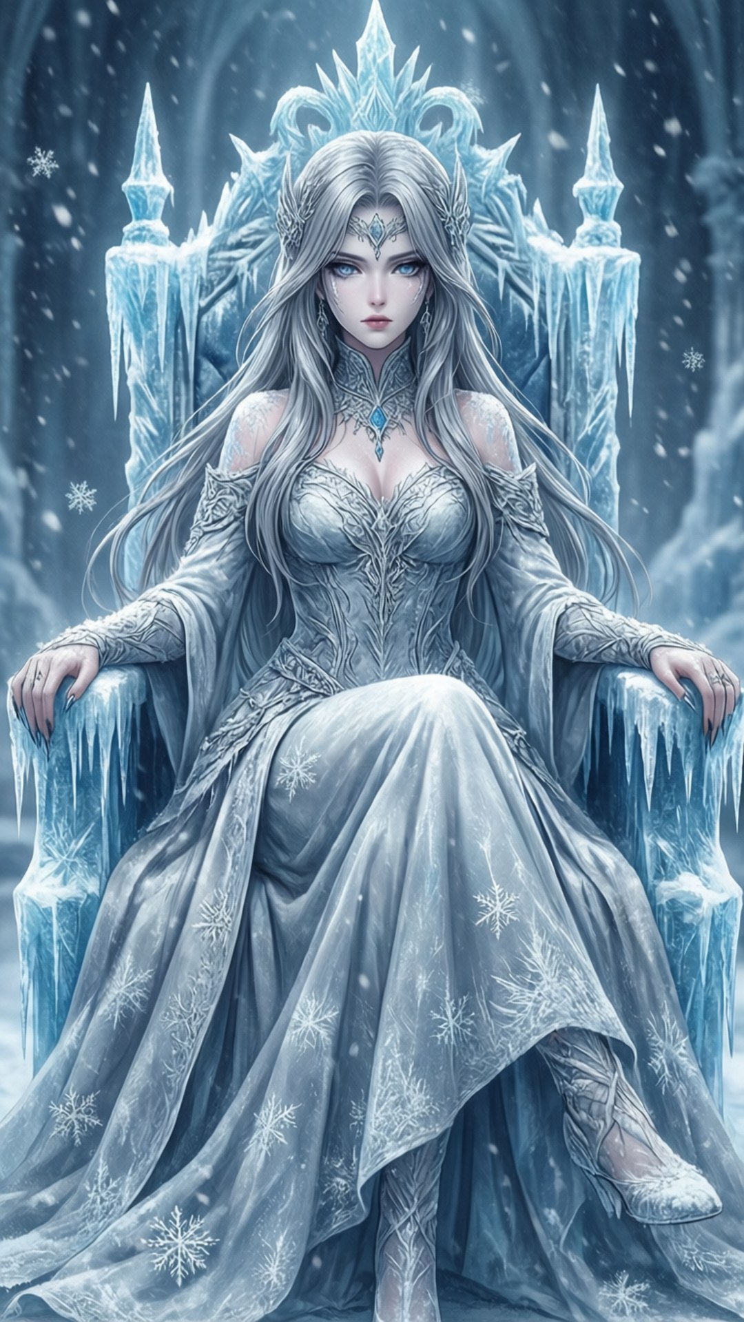 一位美麗的冰女王，長長銀髮，坐在冰晶王座上，身處白雪覆蓋的神秘國度。