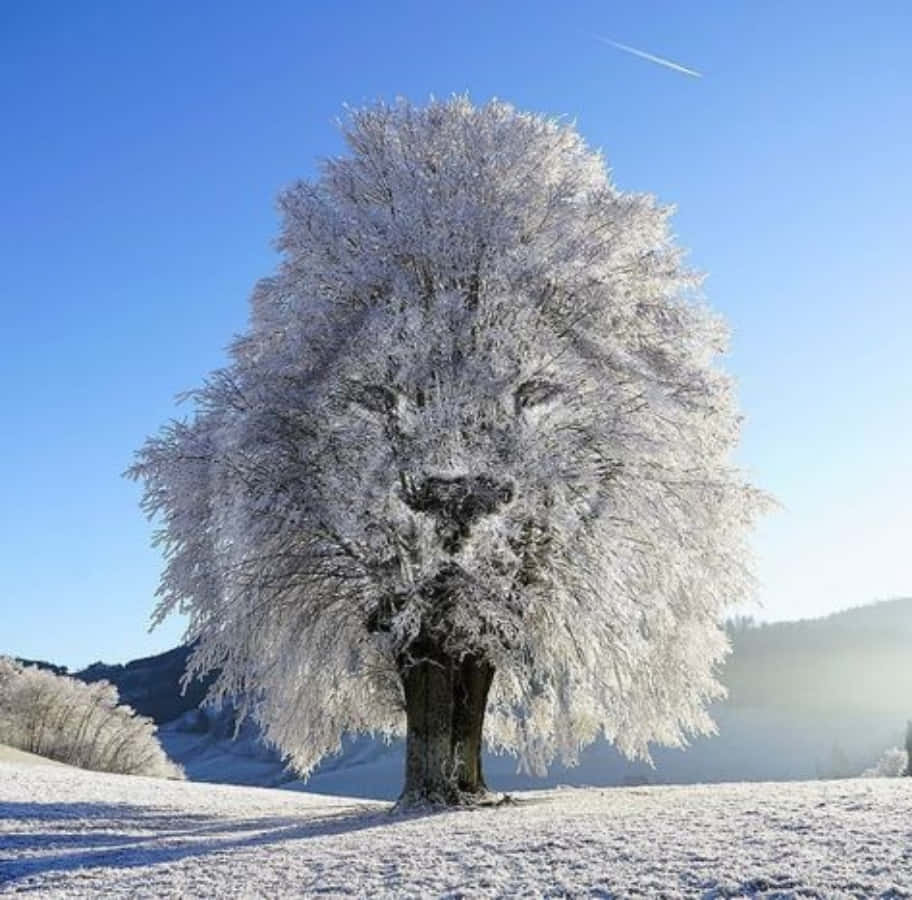 在雪白的冬日風景中，結霜的樹木形狀像獅子的臉。
