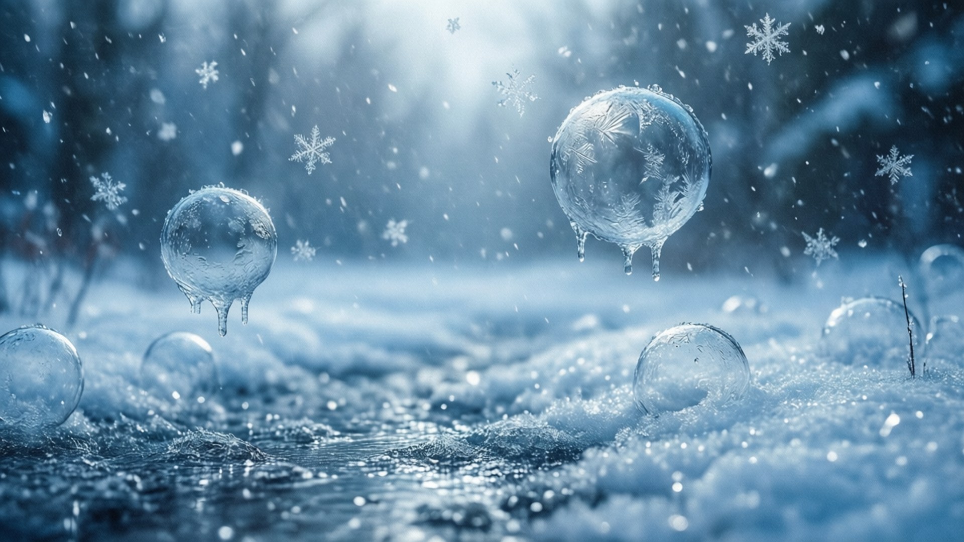 帶有冰晶的冰凍氣泡在冬季森林的雪地上休息。