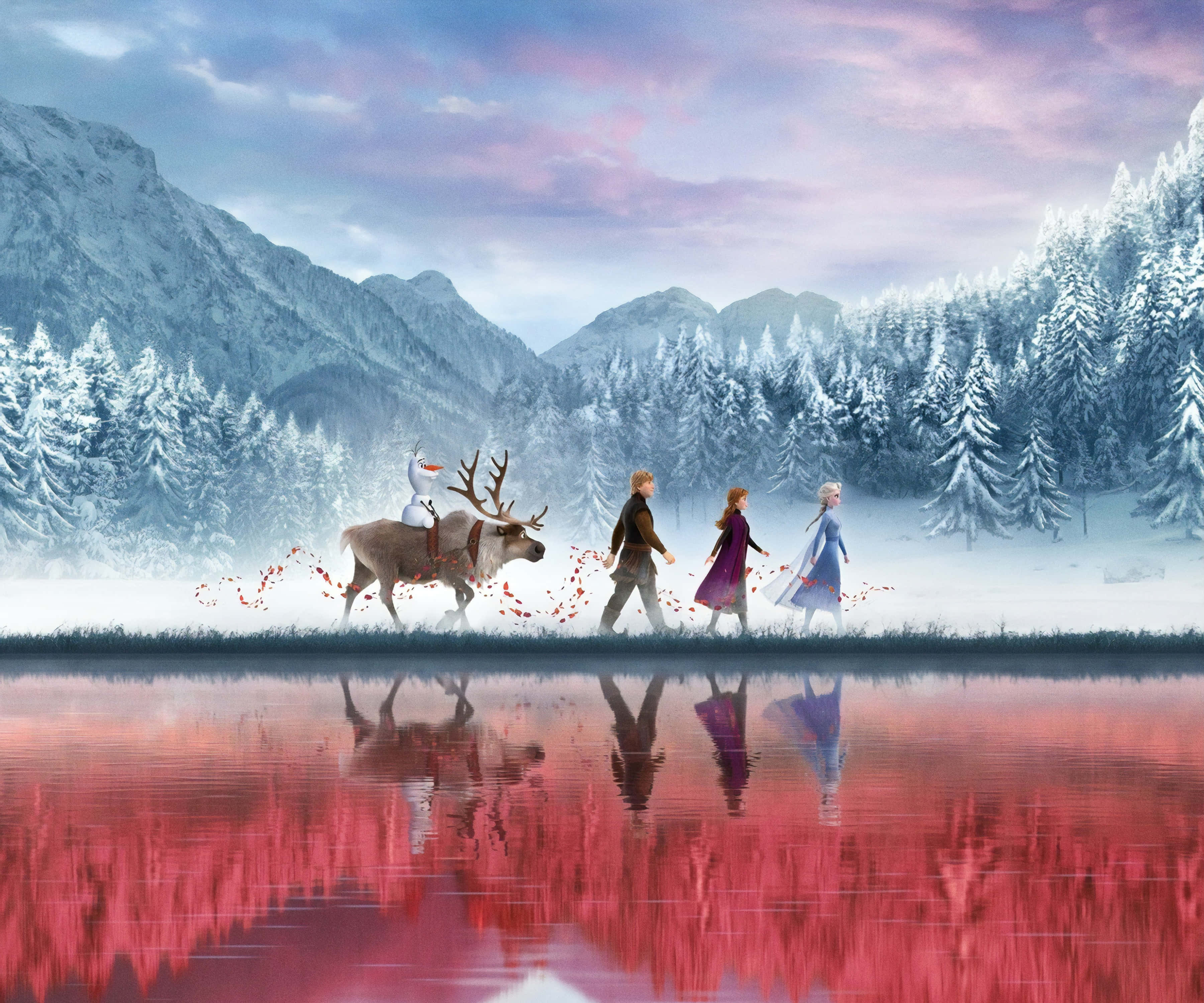 Olaf 桌布 壁紙 — 冰凍角色走過雪景，山脈和松樹倒映在鮮紅色的池塘中。