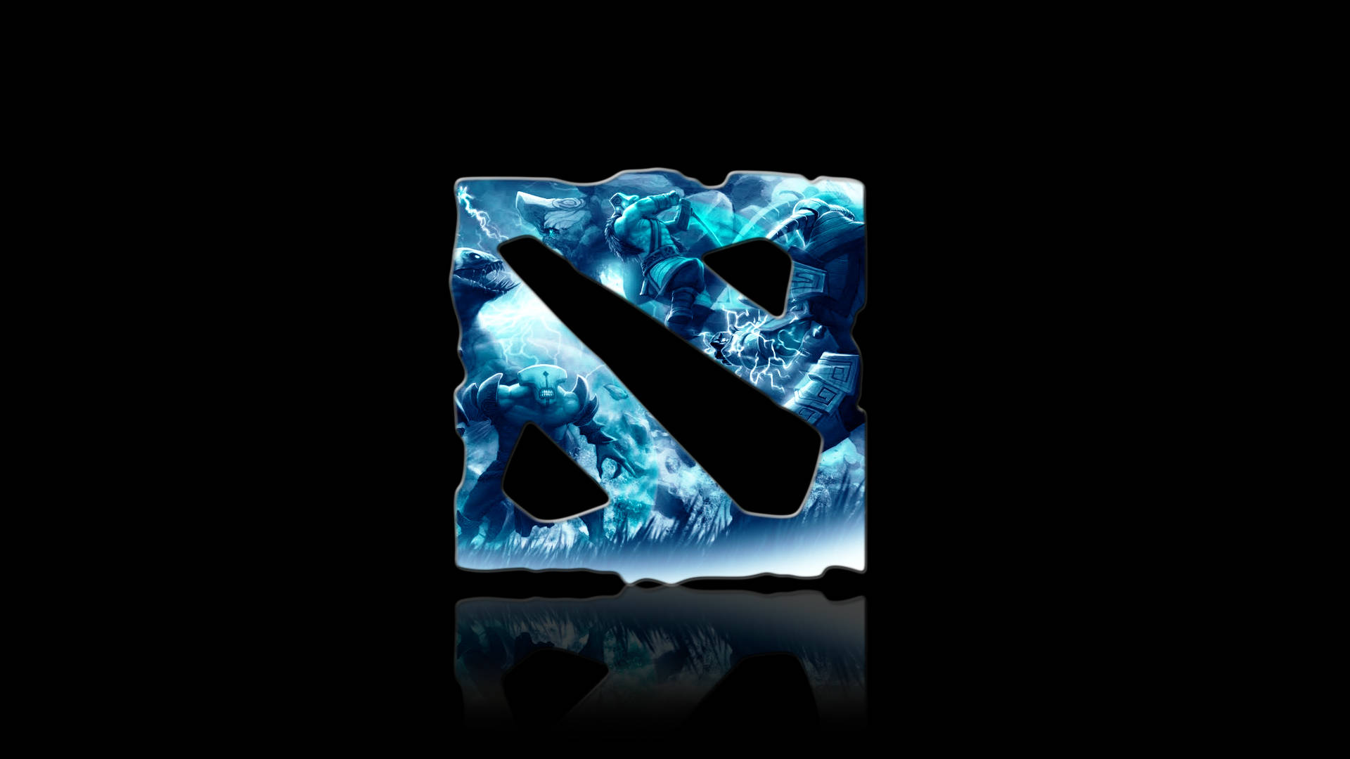 Dota 2 標誌，帶有奇幻角色和閃電，背景為黑色並有反射。
